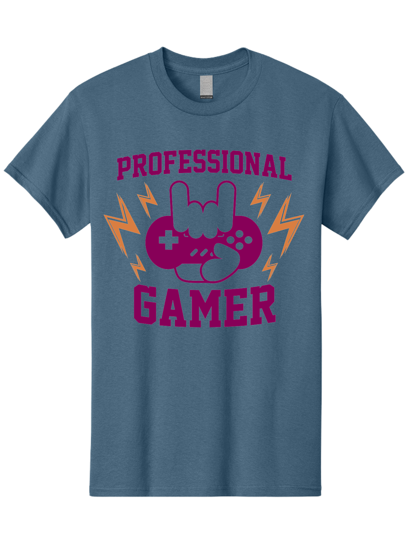 Professional-Gamer Men'S Graphic Tee, 100% Cotton, Comfortable Casual Summer Wear, Machine Washable, Professional Gamer, Gaming Logo, Video Game Controller, Rock On Hand Sign, Esports Branding, Gaming Culture, Purple And Green Graphics, -  Aaa658