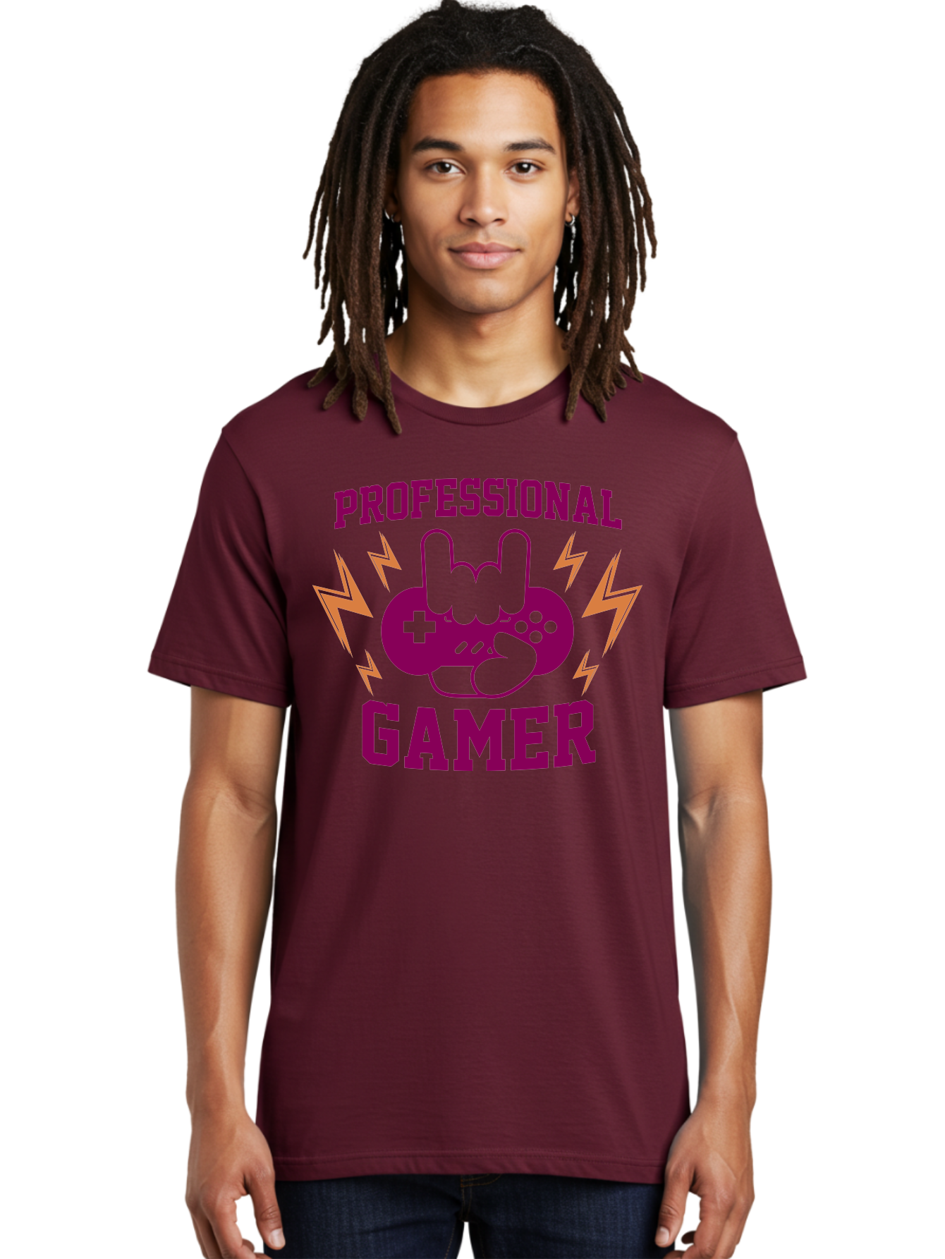 Professional-Gamer Men'S Graphic Tee, 100% Cotton, Comfortable Casual Summer Wear, Machine Washable, Professional Gamer, Gaming Logo, Video Game Controller, Rock On Hand Sign, Esports Branding, Gaming Culture, Purple And Green Graphics, -  Aaa658
