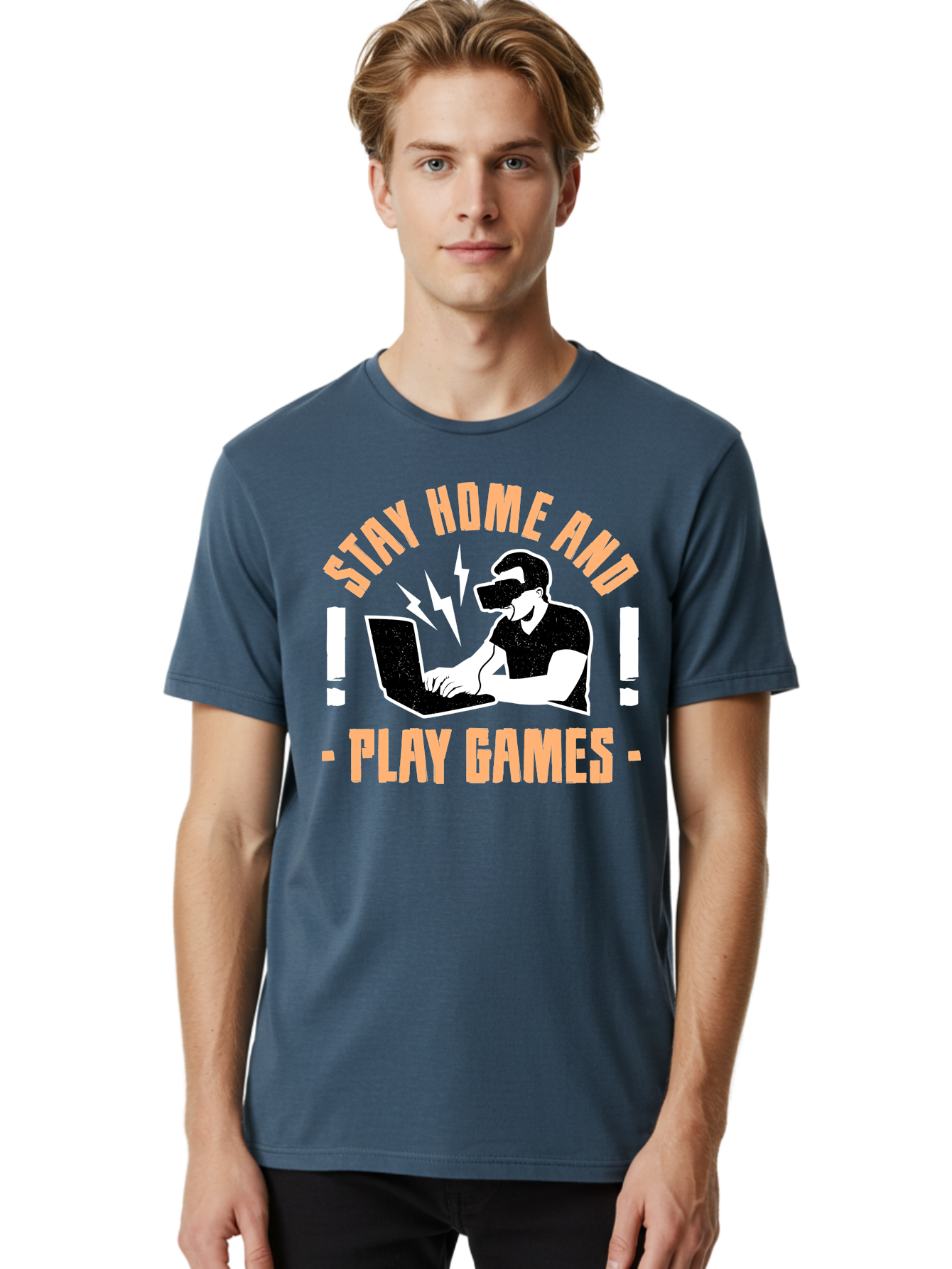 Stay-Home-And-Play-Games Men'S Graphic Tee, 100% Cotton, Comfortable Casual Summer Wear, Machine Washable, Gamer Playing Games On Laptop, Virtual Reality Gaming, Online Gaming, Stay Home Message, Gaming Promotion, Vr Headset -  Aaa661