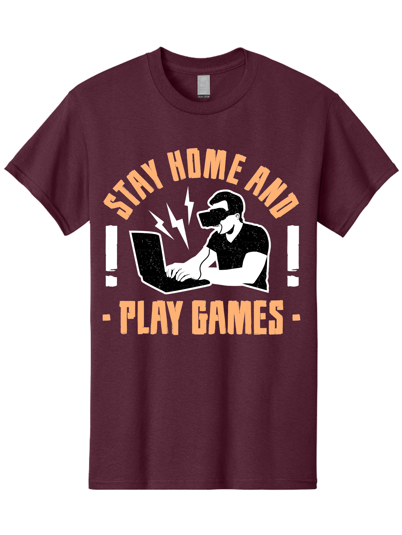 Stay-Home-And-Play-Games Men'S Graphic Tee, 100% Cotton, Comfortable Casual Summer Wear, Machine Washable, Gamer Playing Games On Laptop, Virtual Reality Gaming, Online Gaming, Stay Home Message, Gaming Promotion, Vr Headset -  Aaa661