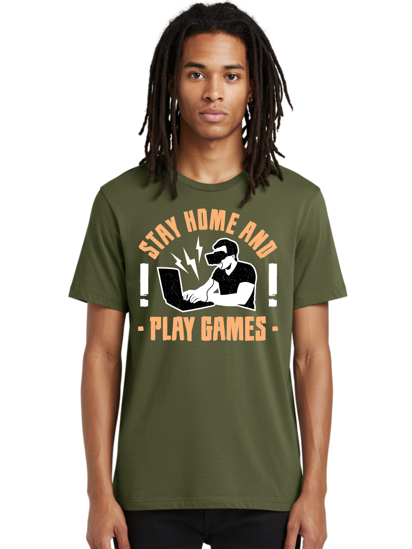 Stay-Home-And-Play-Games Men'S Graphic Tee, 100% Cotton, Comfortable Casual Summer Wear, Machine Washable, Gamer Playing Games On Laptop, Virtual Reality Gaming, Online Gaming, Stay Home Message, Gaming Promotion, Vr Headset -  Aaa661