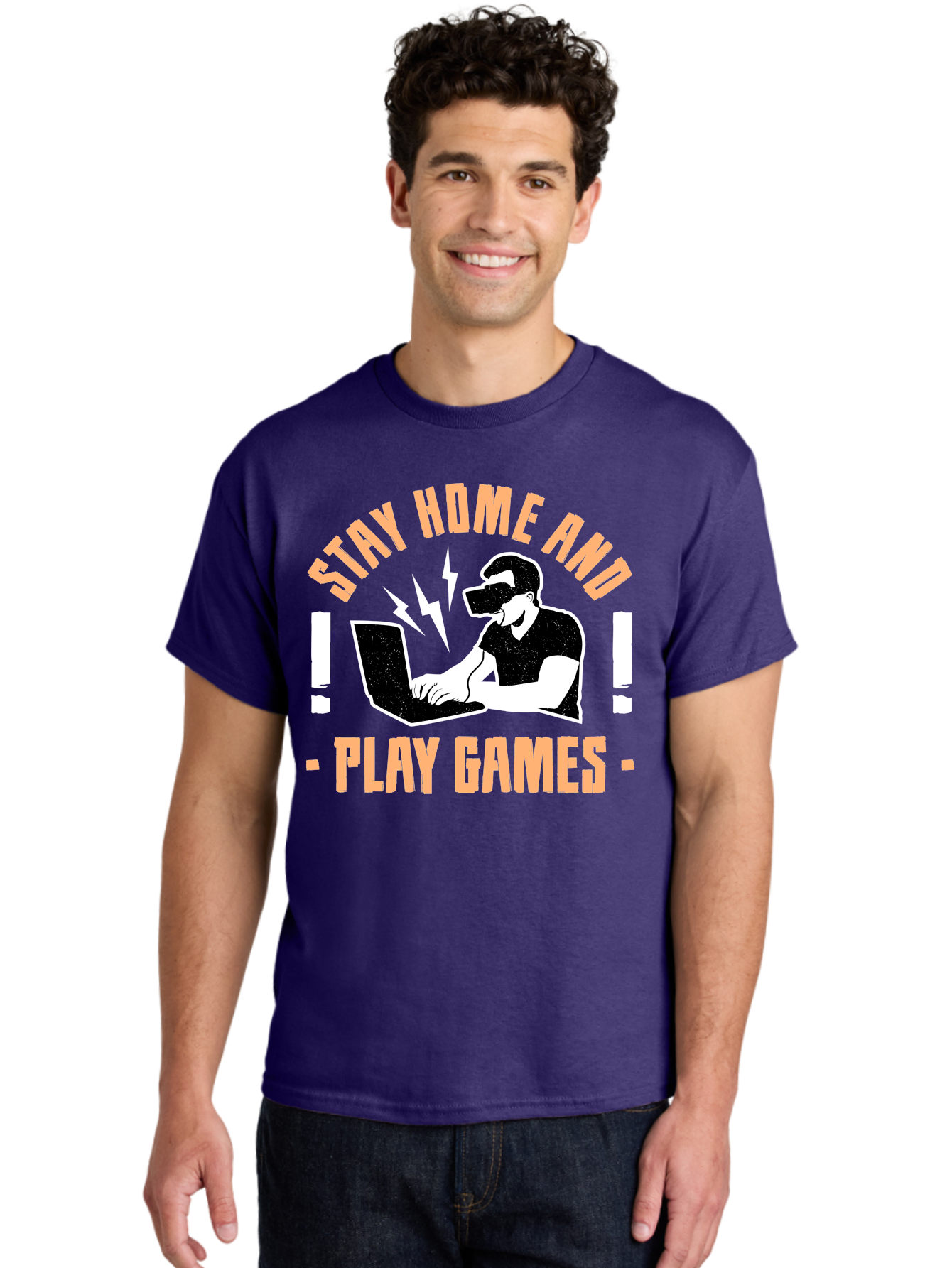 Stay-Home-And-Play-Games Men'S Graphic Tee, 100% Cotton, Comfortable Casual Summer Wear, Machine Washable, Gamer Playing Games On Laptop, Virtual Reality Gaming, Online Gaming, Stay Home Message, Gaming Promotion, Vr Headset -  Aaa661