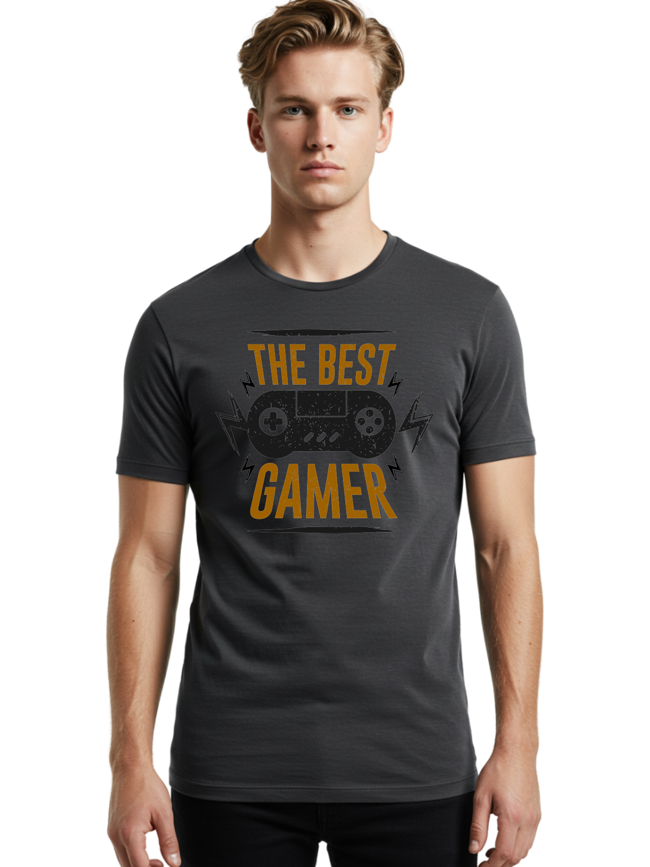 The-Best-Gamer Men'S Graphic Tee, 100% Cotton, Comfortable Casual Summer Wear, Machine Washable, Gaming Controller, Video Games, Gamer Culture, Retro Gaming, Gaming Graphics, Bold Typography, Lightning Bolts -  Aaa662