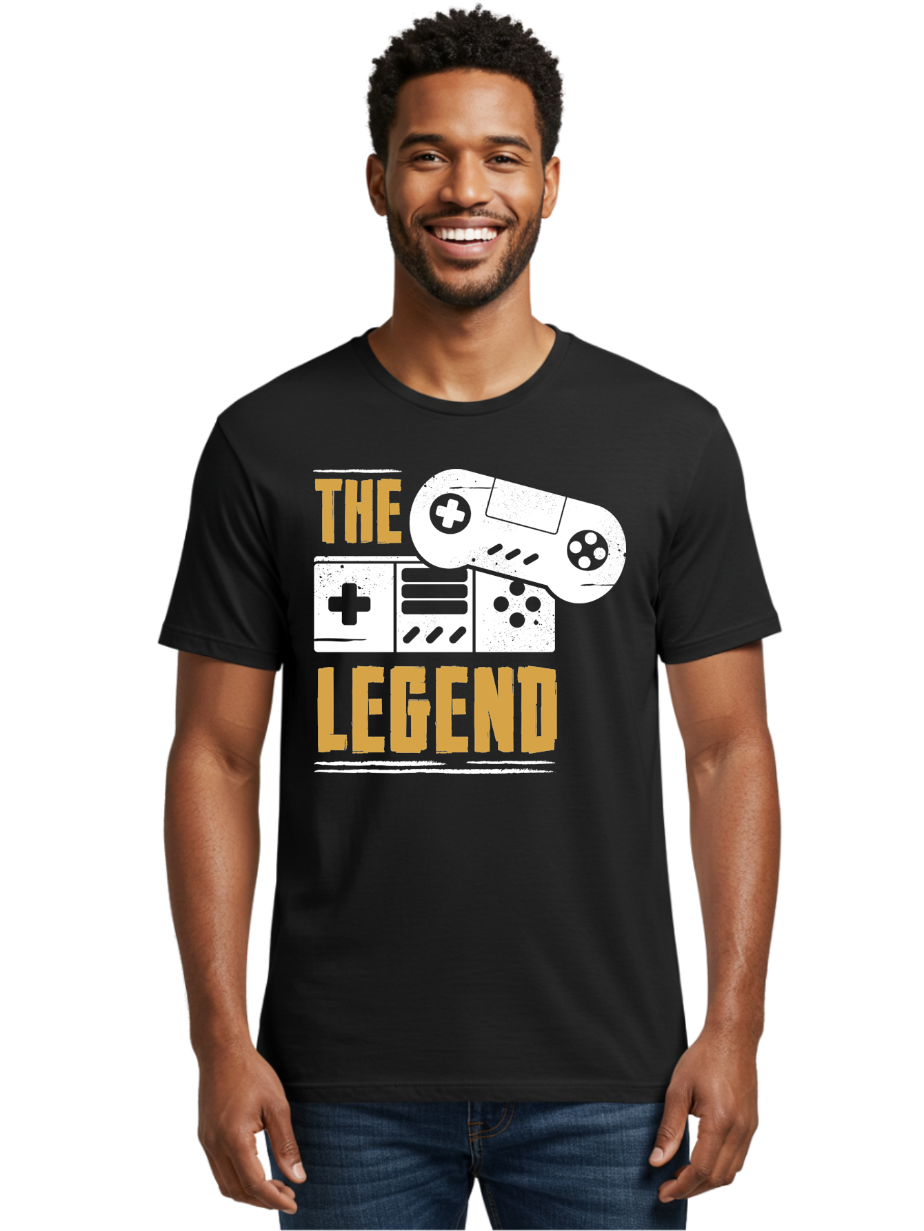 The-Legend Men'S Graphic Tee, 100% Cotton, Comfortable Casual Summer Wear, Machine Washable, Vintage Game Controller, Retro Gaming, Nostalgic Feel, Classic Video Games, Gaming Culture, Retro Tech, Pixel Art, Gaming Nostalgia -  Aaa664