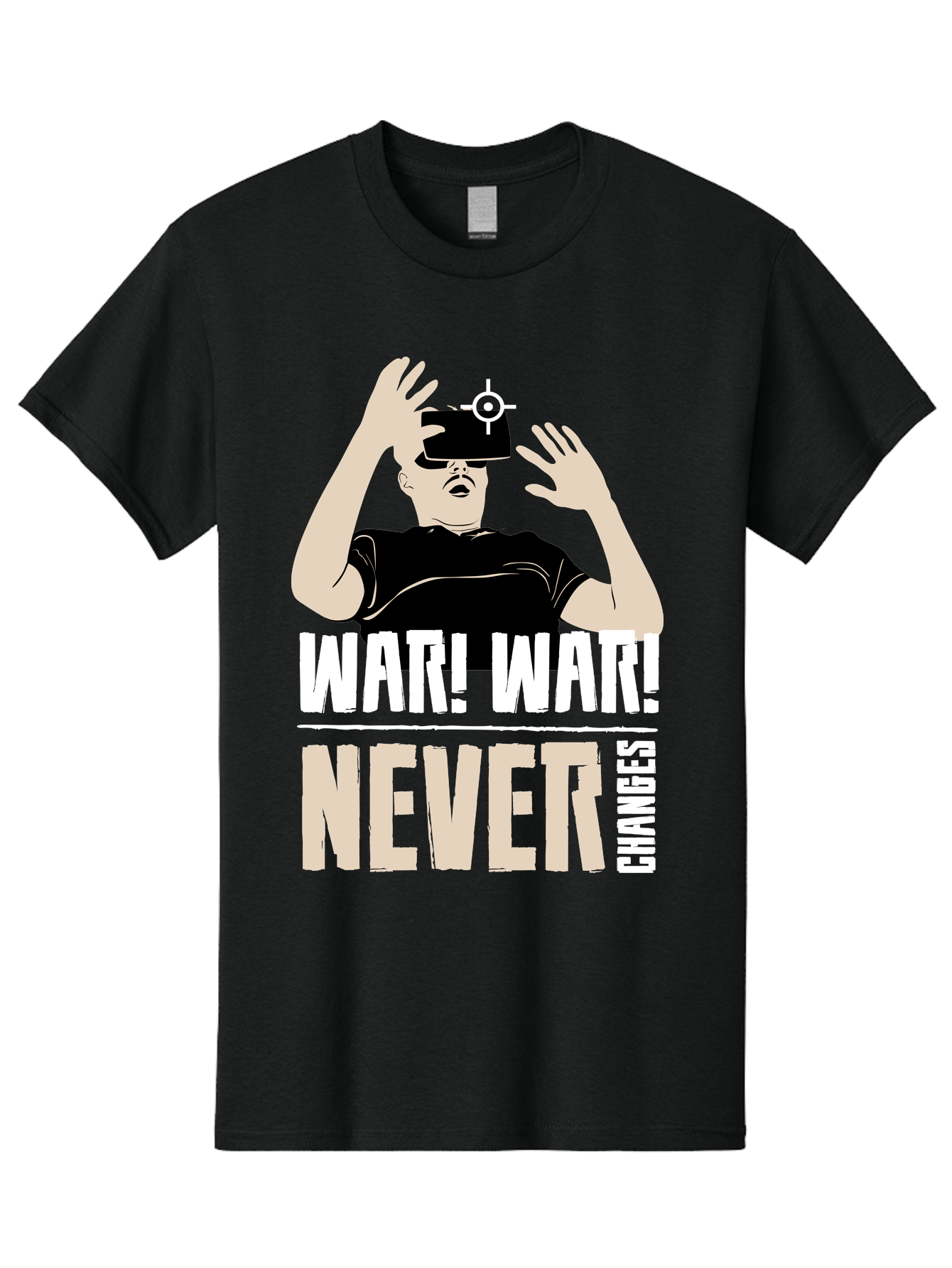 War-War-Never-Changes Men'S Graphic Tee, 100% Cotton, Comfortable Casual Summer Wear, Machine Washable, Man Wearing Vr Headset, Futuristic Technology, Gaming Experience, Immersive Reality, Bold Typography, Contrasting Colors, -  Aaa666