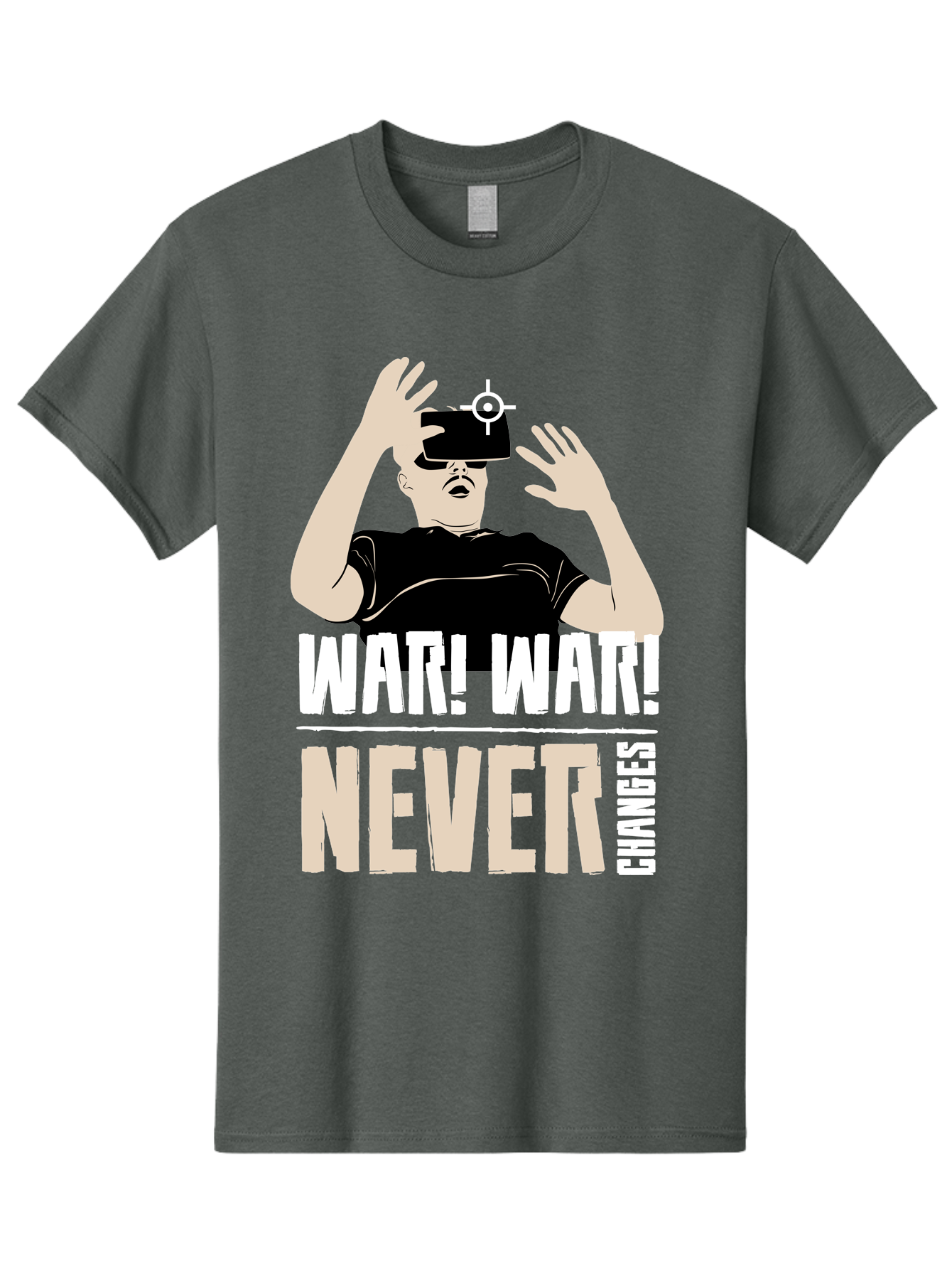 War-War-Never-Changes Men'S Graphic Tee, 100% Cotton, Comfortable Casual Summer Wear, Machine Washable, Man Wearing Vr Headset, Futuristic Technology, Gaming Experience, Immersive Reality, Bold Typography, Contrasting Colors, -  Aaa666