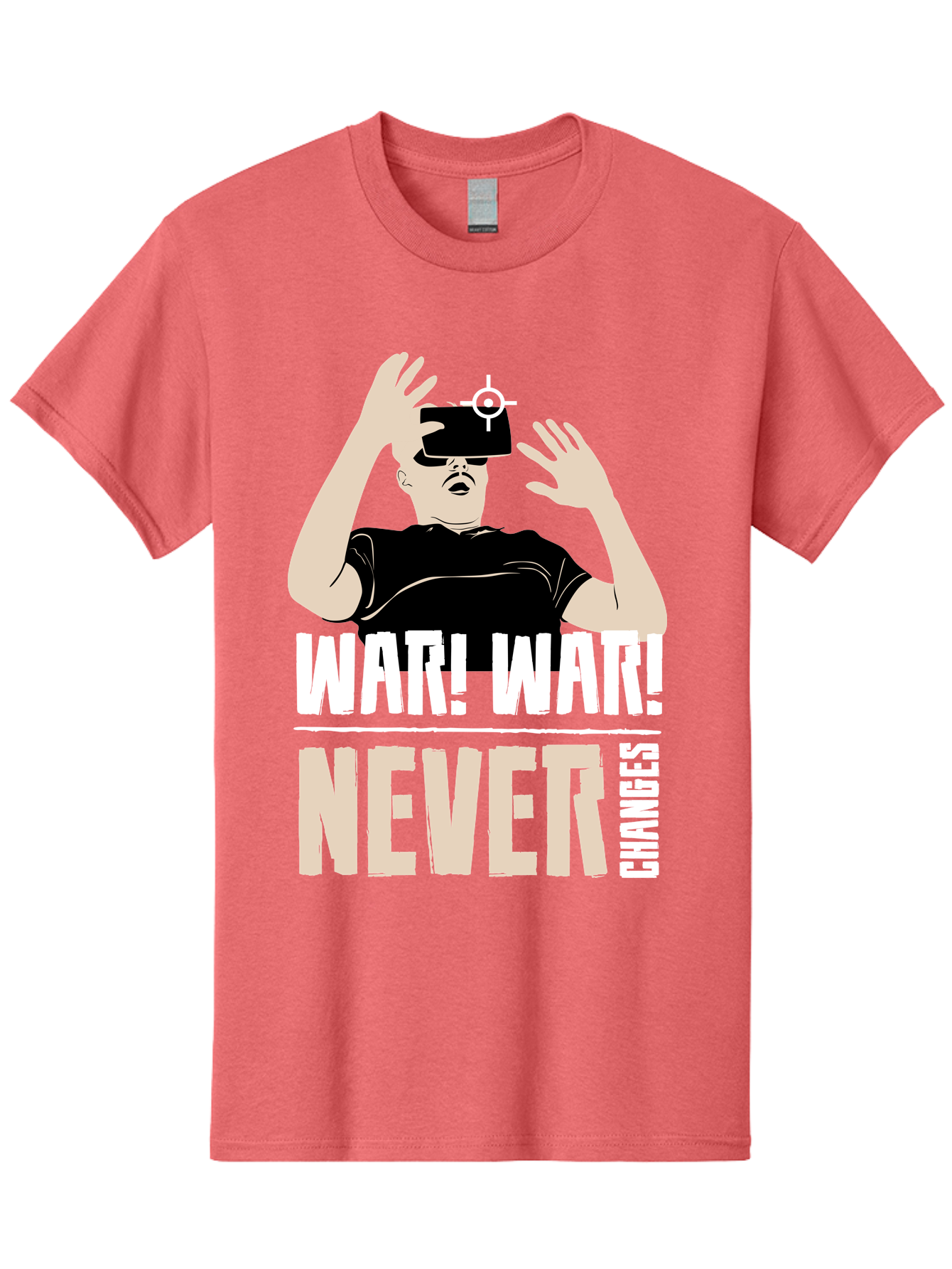 War-War-Never-Changes Men'S Graphic Tee, 100% Cotton, Comfortable Casual Summer Wear, Machine Washable, Man Wearing Vr Headset, Futuristic Technology, Gaming Experience, Immersive Reality, Bold Typography, Contrasting Colors, -  Aaa666