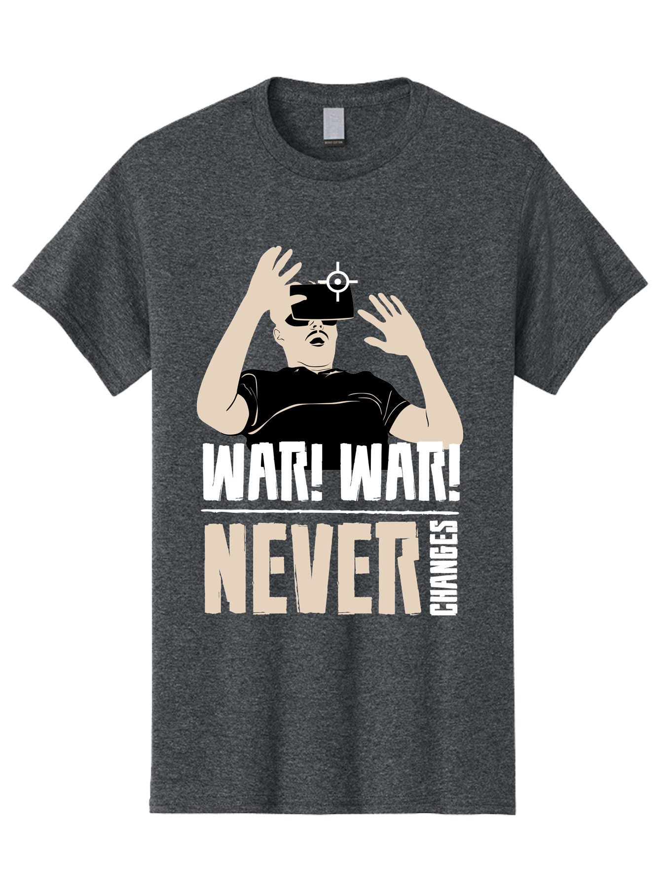 War-War-Never-Changes Men'S Graphic Tee, 100% Cotton, Comfortable Casual Summer Wear, Machine Washable, Man Wearing Vr Headset, Futuristic Technology, Gaming Experience, Immersive Reality, Bold Typography, Contrasting Colors, -  Aaa666