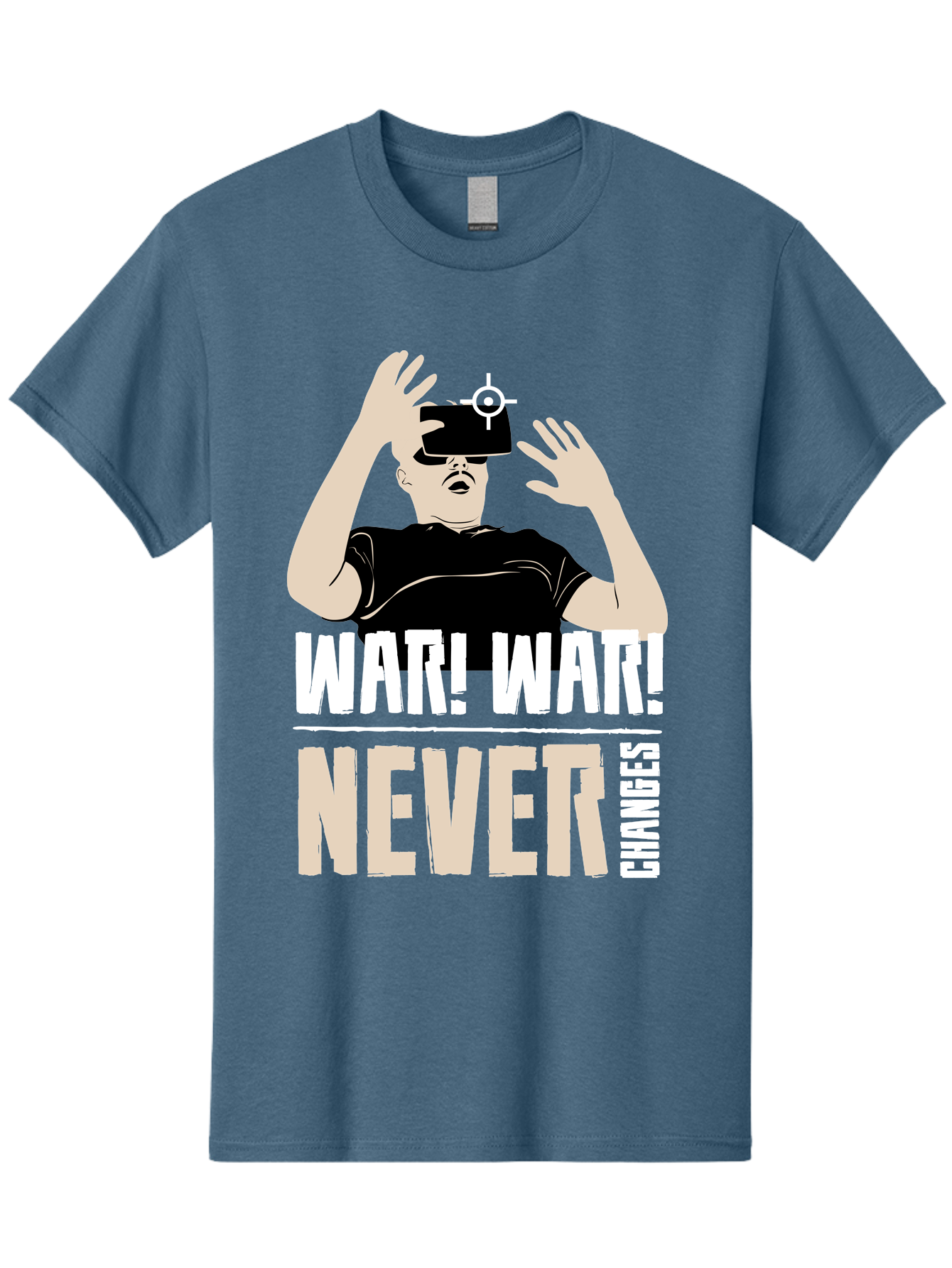 War-War-Never-Changes Men'S Graphic Tee, 100% Cotton, Comfortable Casual Summer Wear, Machine Washable, Man Wearing Vr Headset, Futuristic Technology, Gaming Experience, Immersive Reality, Bold Typography, Contrasting Colors, -  Aaa666