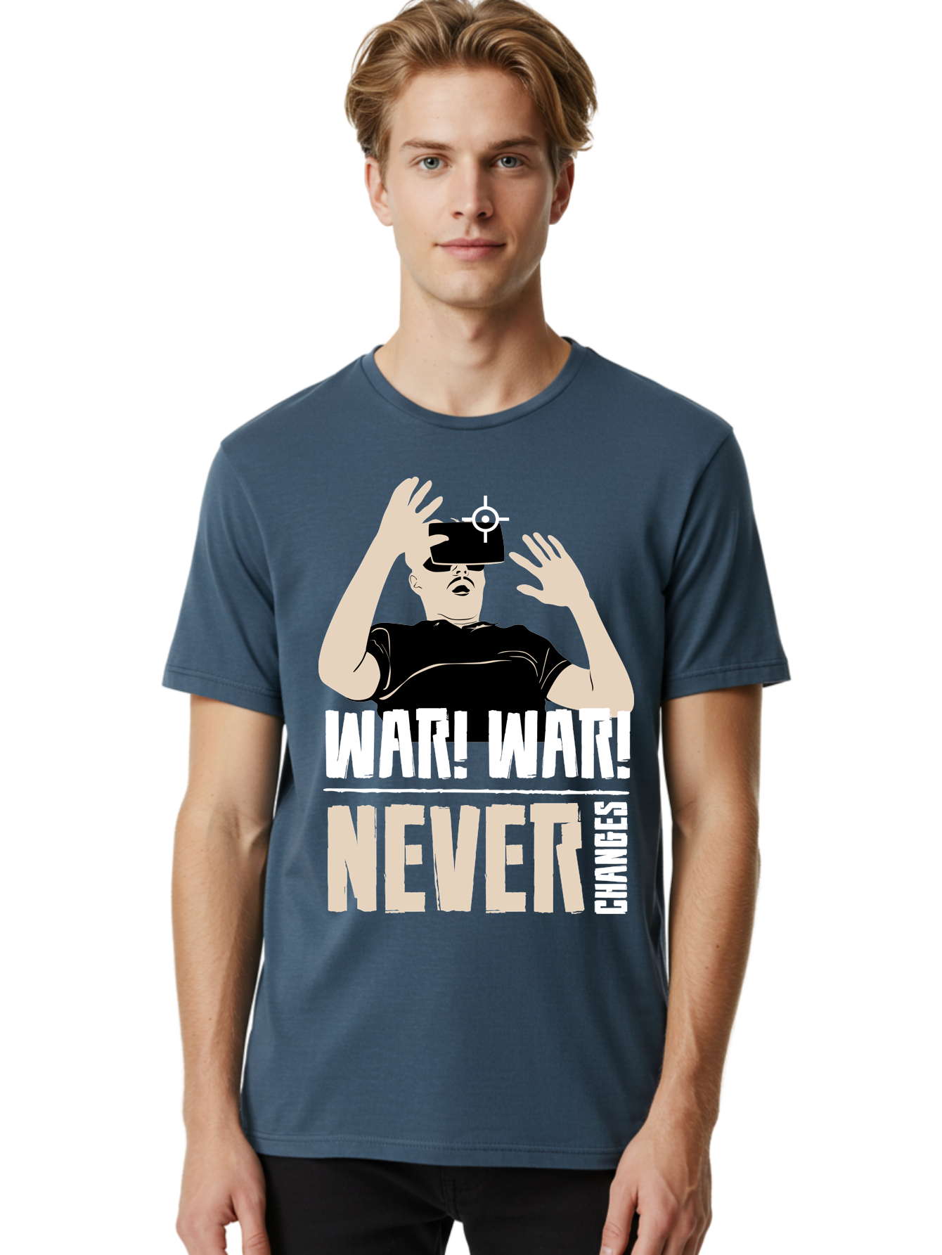 War-War-Never-Changes Men'S Graphic Tee, 100% Cotton, Comfortable Casual Summer Wear, Machine Washable, Man Wearing Vr Headset, Futuristic Technology, Gaming Experience, Immersive Reality, Bold Typography, Contrasting Colors, -  Aaa666
