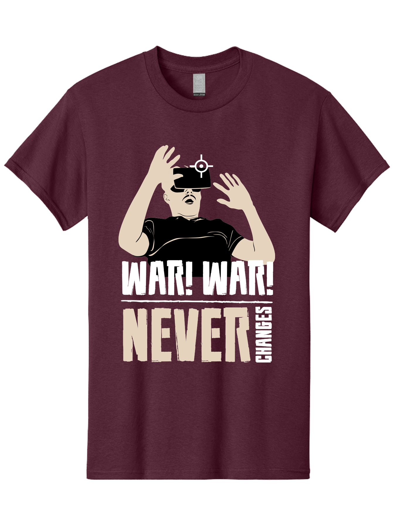 War-War-Never-Changes Men'S Graphic Tee, 100% Cotton, Comfortable Casual Summer Wear, Machine Washable, Man Wearing Vr Headset, Futuristic Technology, Gaming Experience, Immersive Reality, Bold Typography, Contrasting Colors, -  Aaa666