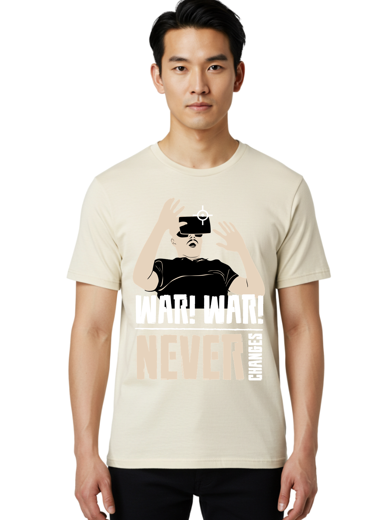 War-War-Never-Changes Men'S Graphic Tee, 100% Cotton, Comfortable Casual Summer Wear, Machine Washable, Man Wearing Vr Headset, Futuristic Technology, Gaming Experience, Immersive Reality, Bold Typography, Contrasting Colors, -  Aaa666