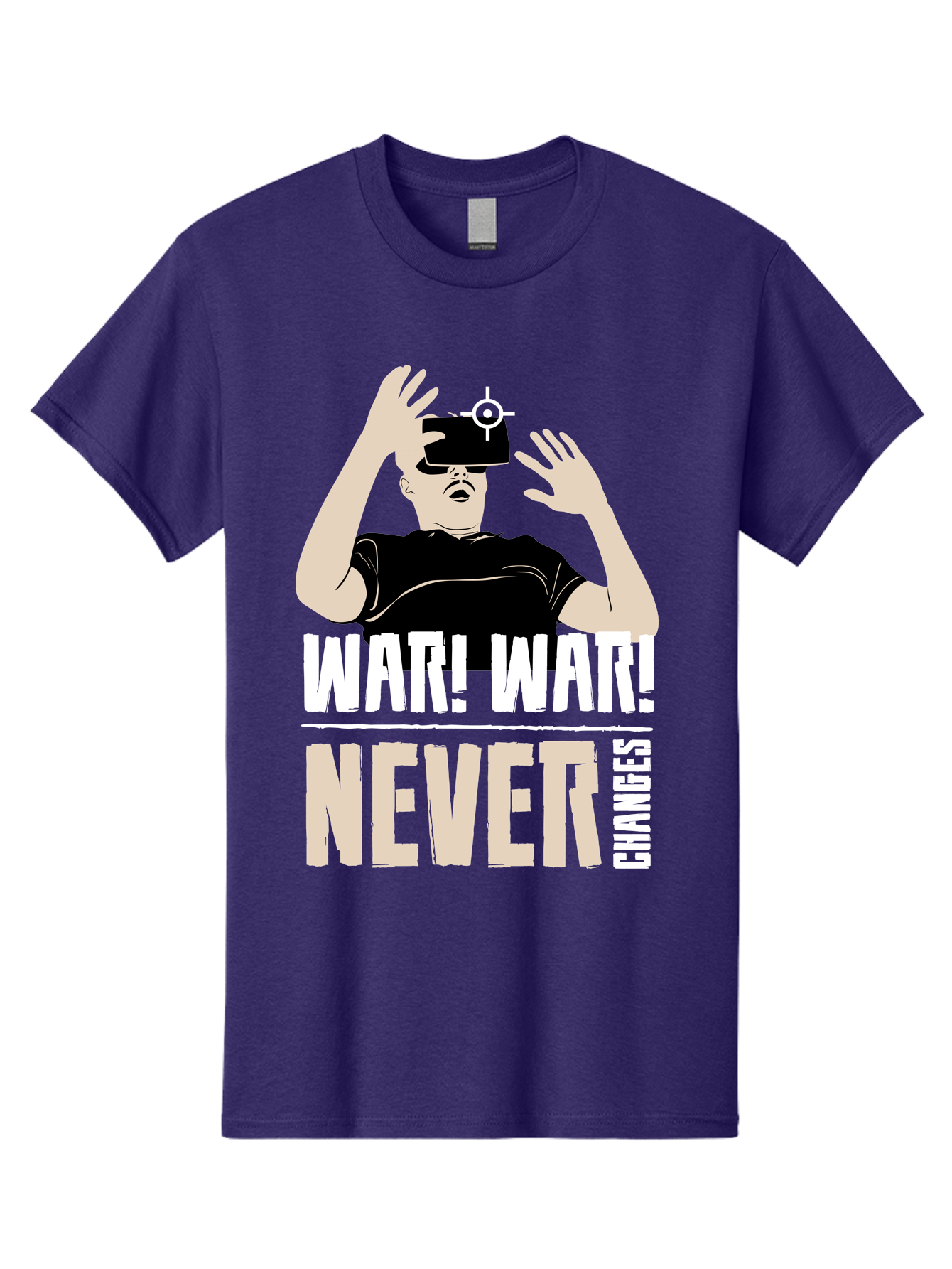 War-War-Never-Changes Men'S Graphic Tee, 100% Cotton, Comfortable Casual Summer Wear, Machine Washable, Man Wearing Vr Headset, Futuristic Technology, Gaming Experience, Immersive Reality, Bold Typography, Contrasting Colors, -  Aaa666