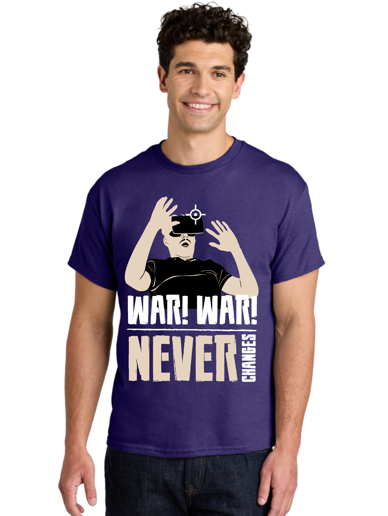 War-War-Never-Changes Men'S Graphic Tee, 100% Cotton, Comfortable Casual Summer Wear, Machine Washable, Man Wearing Vr Headset, Futuristic Technology, Gaming Experience, Immersive Reality, Bold Typography, Contrasting Colors, -  Aaa666