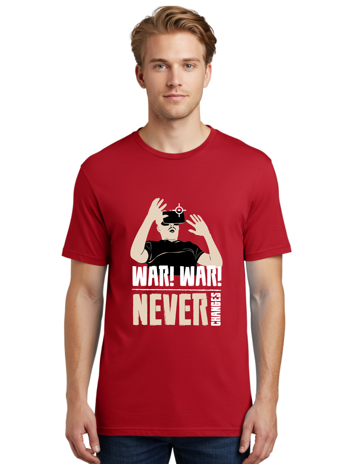 War-War-Never-Changes Men'S Graphic Tee, 100% Cotton, Comfortable Casual Summer Wear, Machine Washable, Man Wearing Vr Headset, Futuristic Technology, Gaming Experience, Immersive Reality, Bold Typography, Contrasting Colors, -  Aaa666