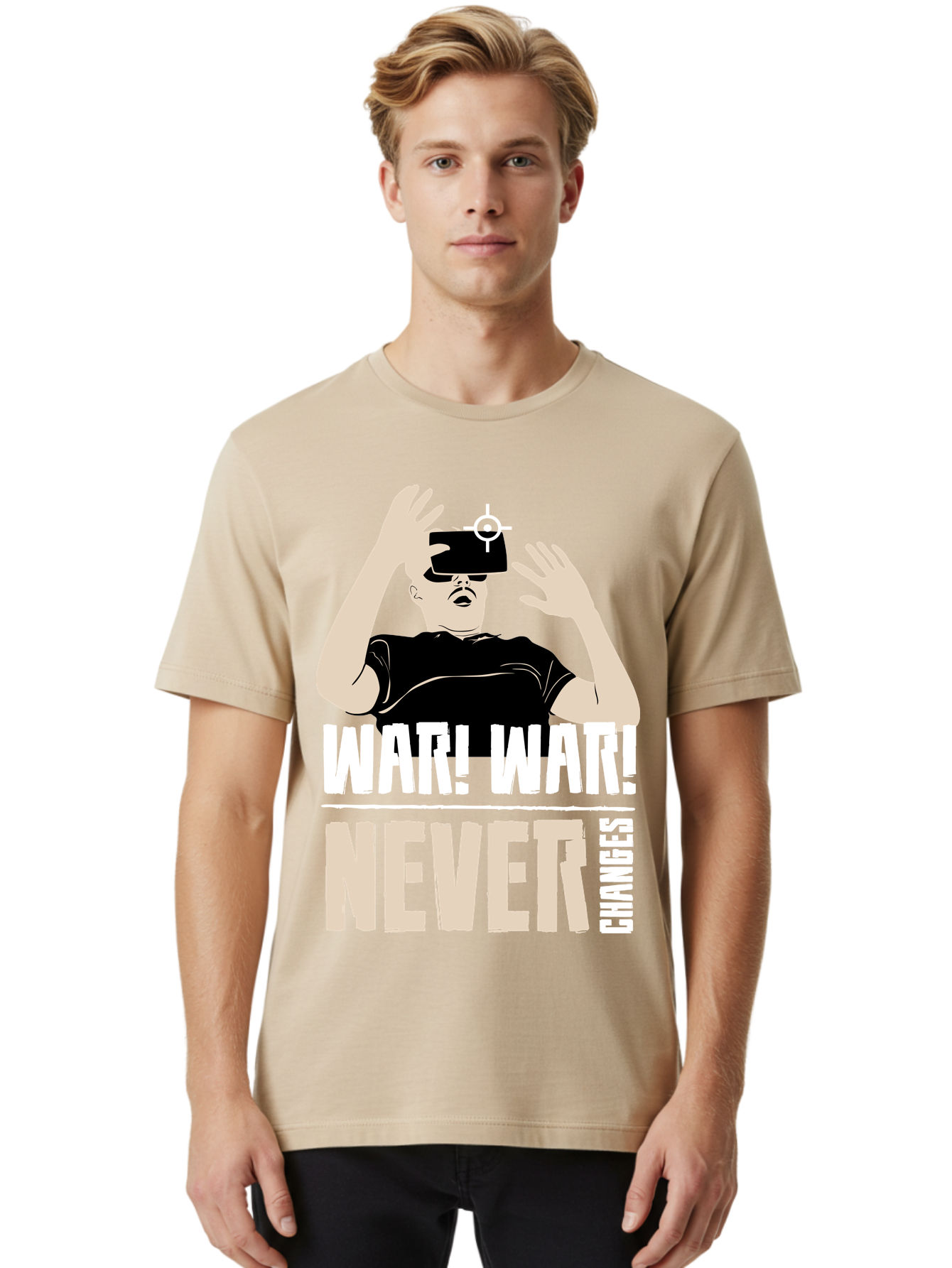 War-War-Never-Changes Men'S Graphic Tee, 100% Cotton, Comfortable Casual Summer Wear, Machine Washable, Man Wearing Vr Headset, Futuristic Technology, Gaming Experience, Immersive Reality, Bold Typography, Contrasting Colors, -  Aaa666