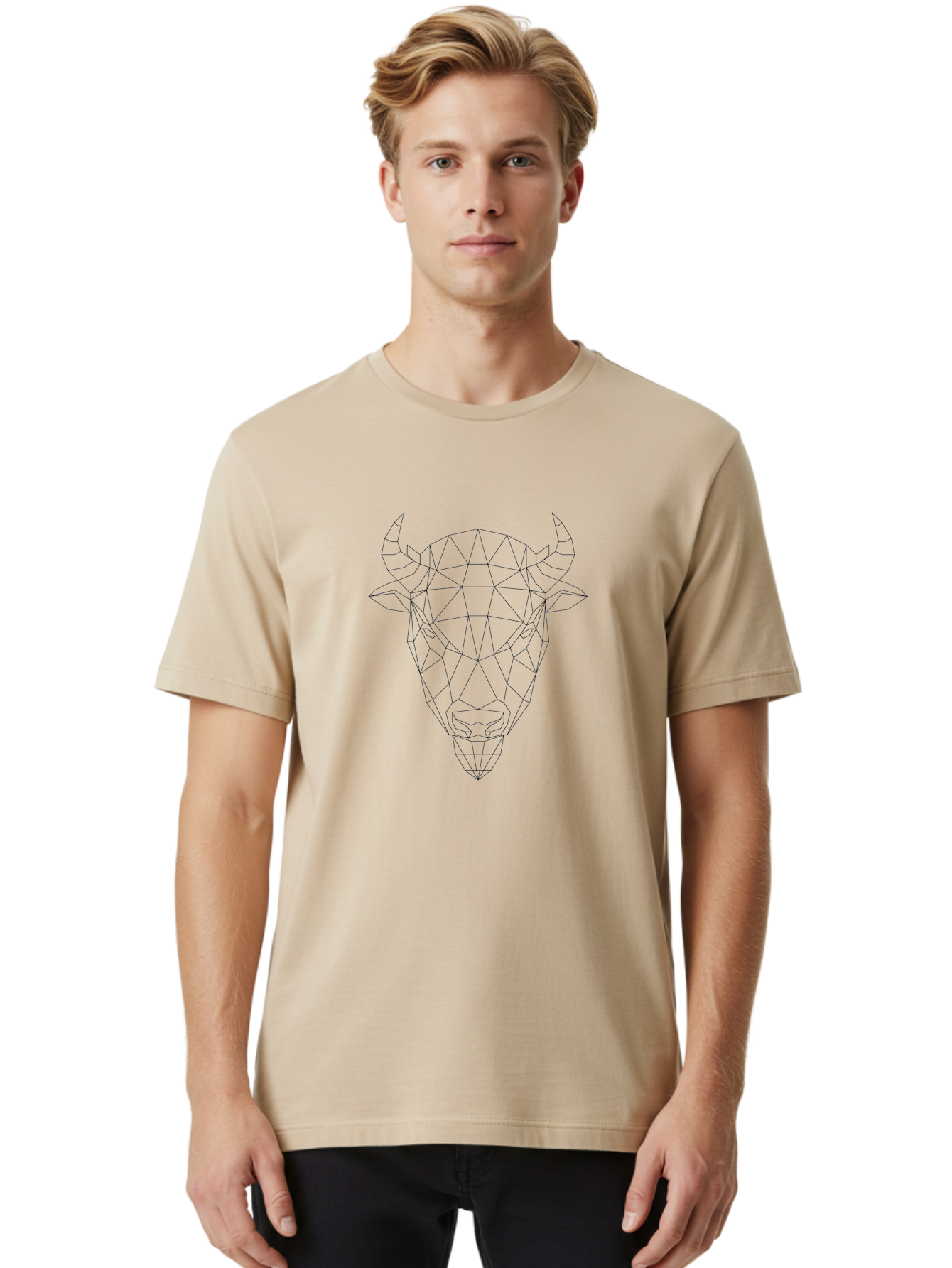 Bull-Head-Geometric Men'S Graphic Tee, 100% Cotton, Comfortable Casual Summer Wear, Machine Washable, Geometric Bull Head, Low Poly Art, Modern Design, Abstract Animal, Minimalist Style, Sharp Lines, Angular Shapes -  Aaa674