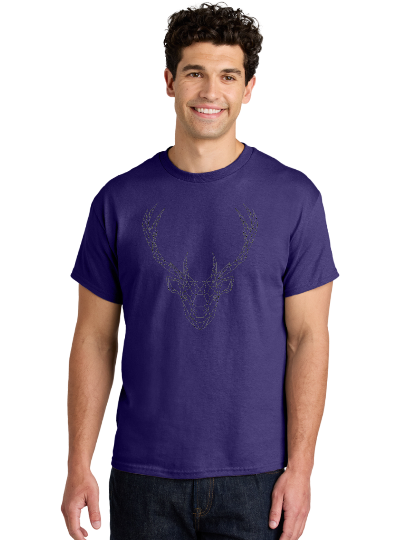 Deer-Head Men'S Graphic Tee, 100% Cotton, Comfortable Casual Summer Wear, Machine Washable, Geometric Deer Head, Wireframe Art, Low Poly Design, Minimalist Style, Abstract Animal, Modern Illustration, Deer Silhouette, Polygonal Art, -  Aaa677