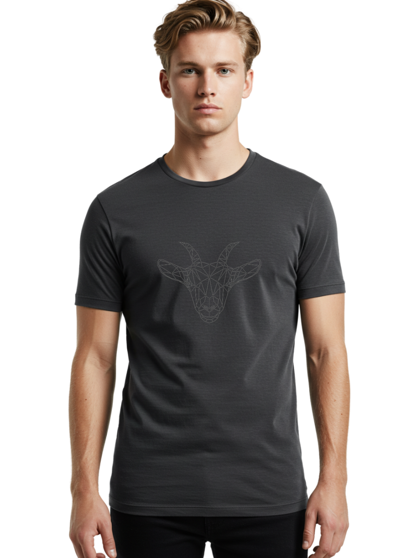 Goat-Head Men'S Graphic Tee, 100% Cotton, Comfortable Casual Summer Wear, Machine Washable, Geometric Goat Head, Polygonal Art, Wireframe Design, Abstract Animal, Modern Illustration, Futuristic Style, Minimalist Graphics, Digital Art -  Aaa720
