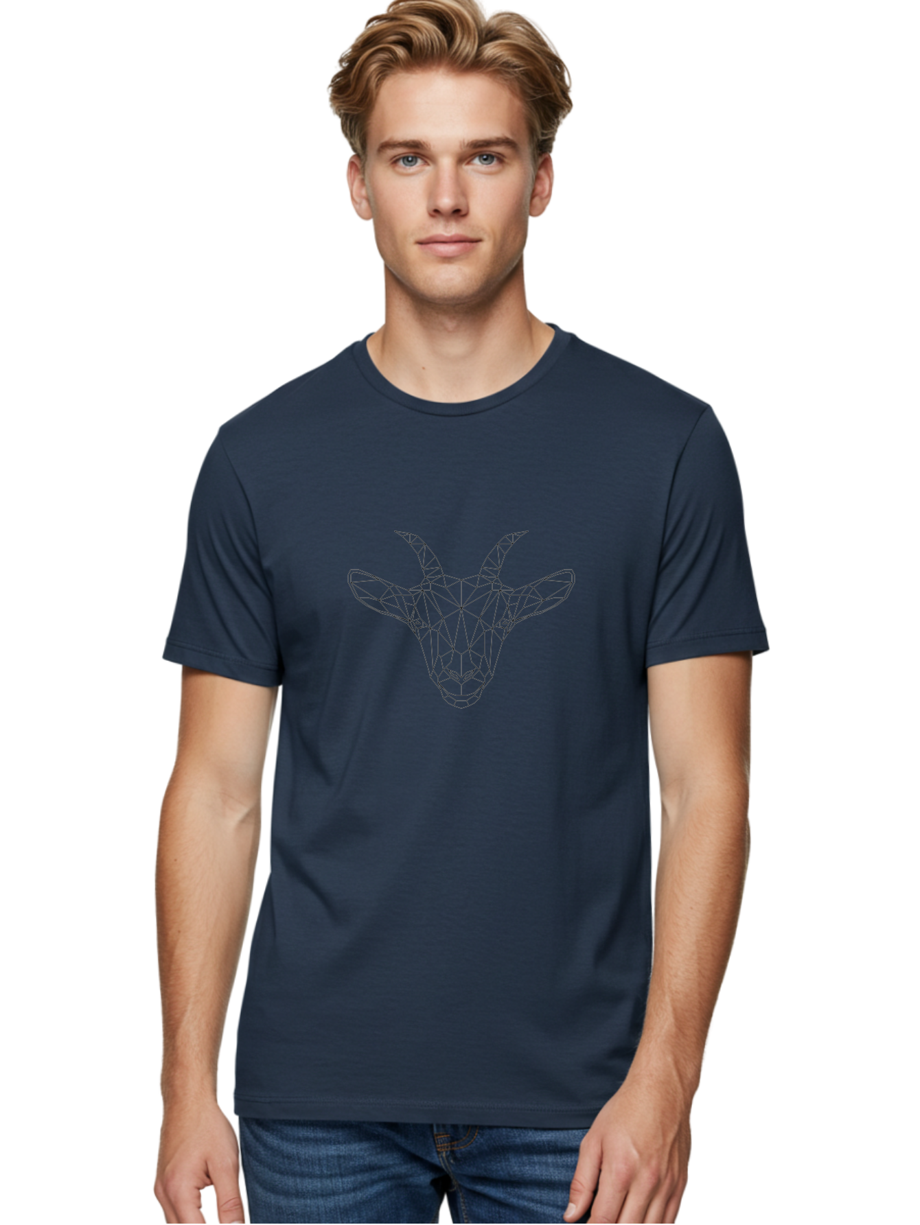 Goat-Head Men'S Graphic Tee, 100% Cotton, Comfortable Casual Summer Wear, Machine Washable, Geometric Goat Head, Polygonal Art, Wireframe Design, Abstract Animal, Modern Illustration, Futuristic Style, Minimalist Graphics, Digital Art -  Aaa720