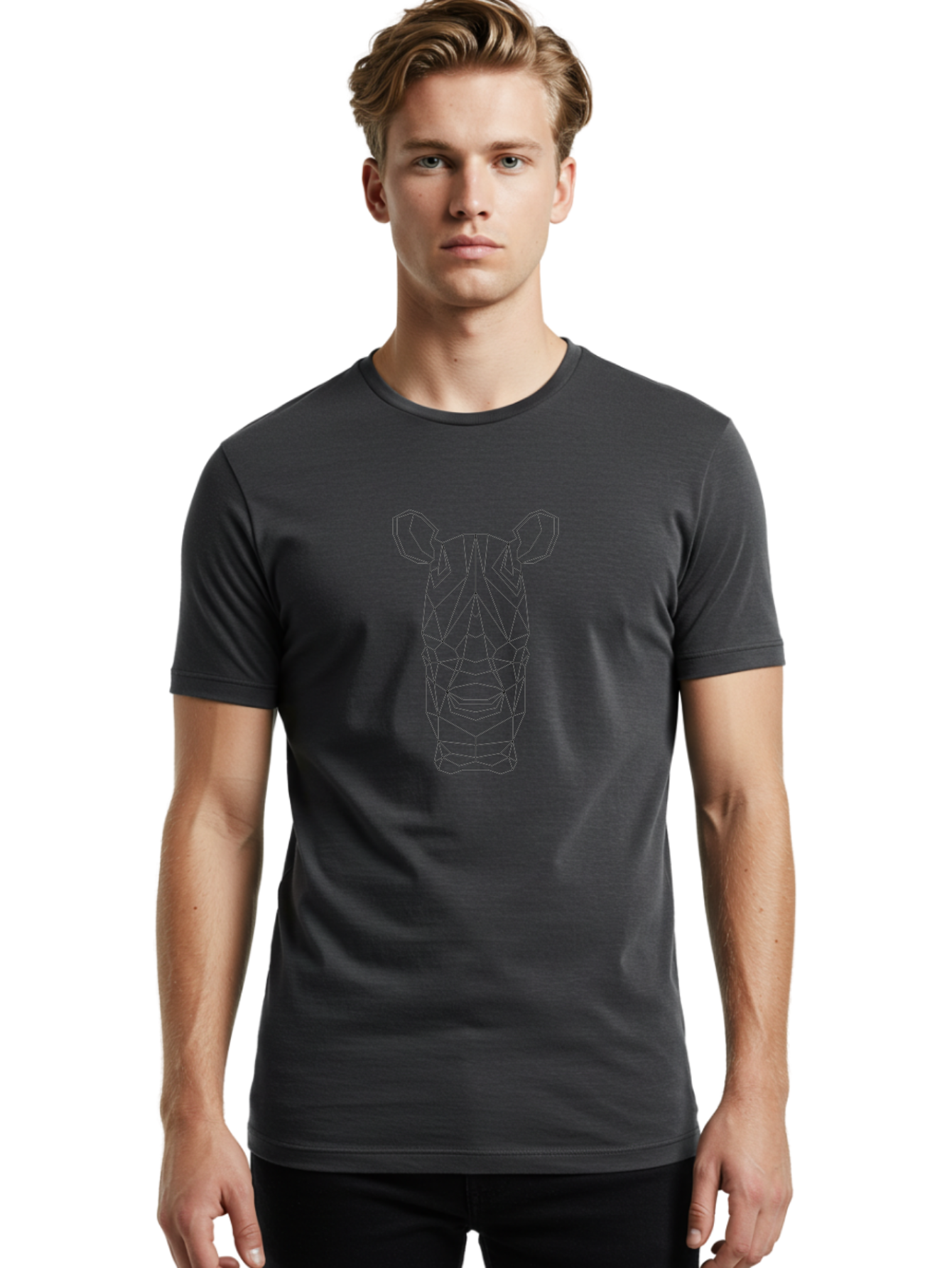 Rhino-Head Men'S Graphic Tee, 100% Cotton, Comfortable Casual Summer Wear, Machine Washable, Rhinoceros Illustration, Wireframe Design, Geometric Facets, Black Outline, Abstract Art, Wildlife Graphics, Polygon Mesh, Minimalist Style, -  Aaa736