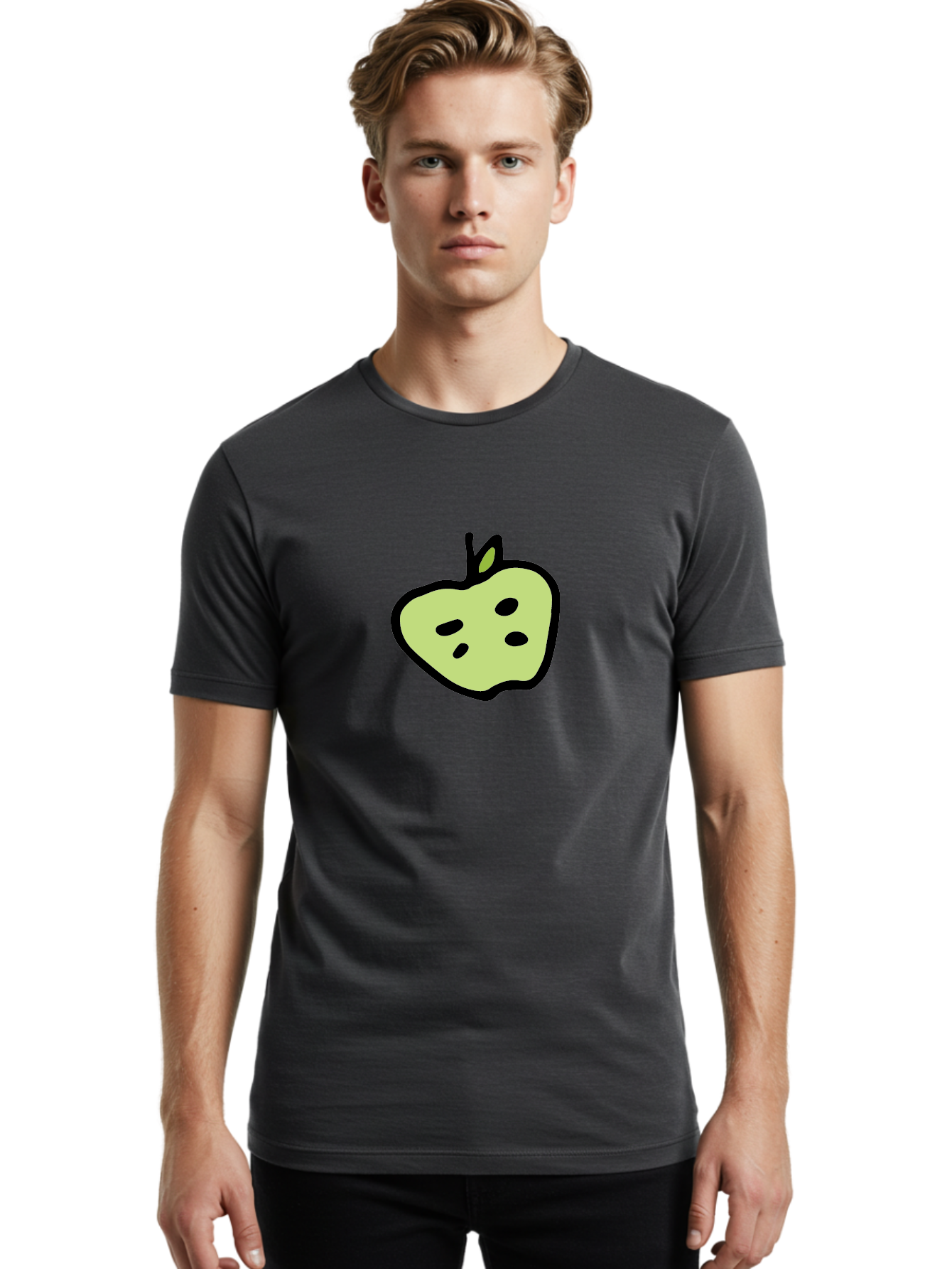 Apple Men'S Graphic Tee, 100% Cotton, Comfortable Casual Summer Wear, Machine Washable, Cartoon Apple, Simple Illustration, Green Apple, Black Outline, Leafy Stem, Seeded Fruit, Digital Art, Cute Design -  Aaa740