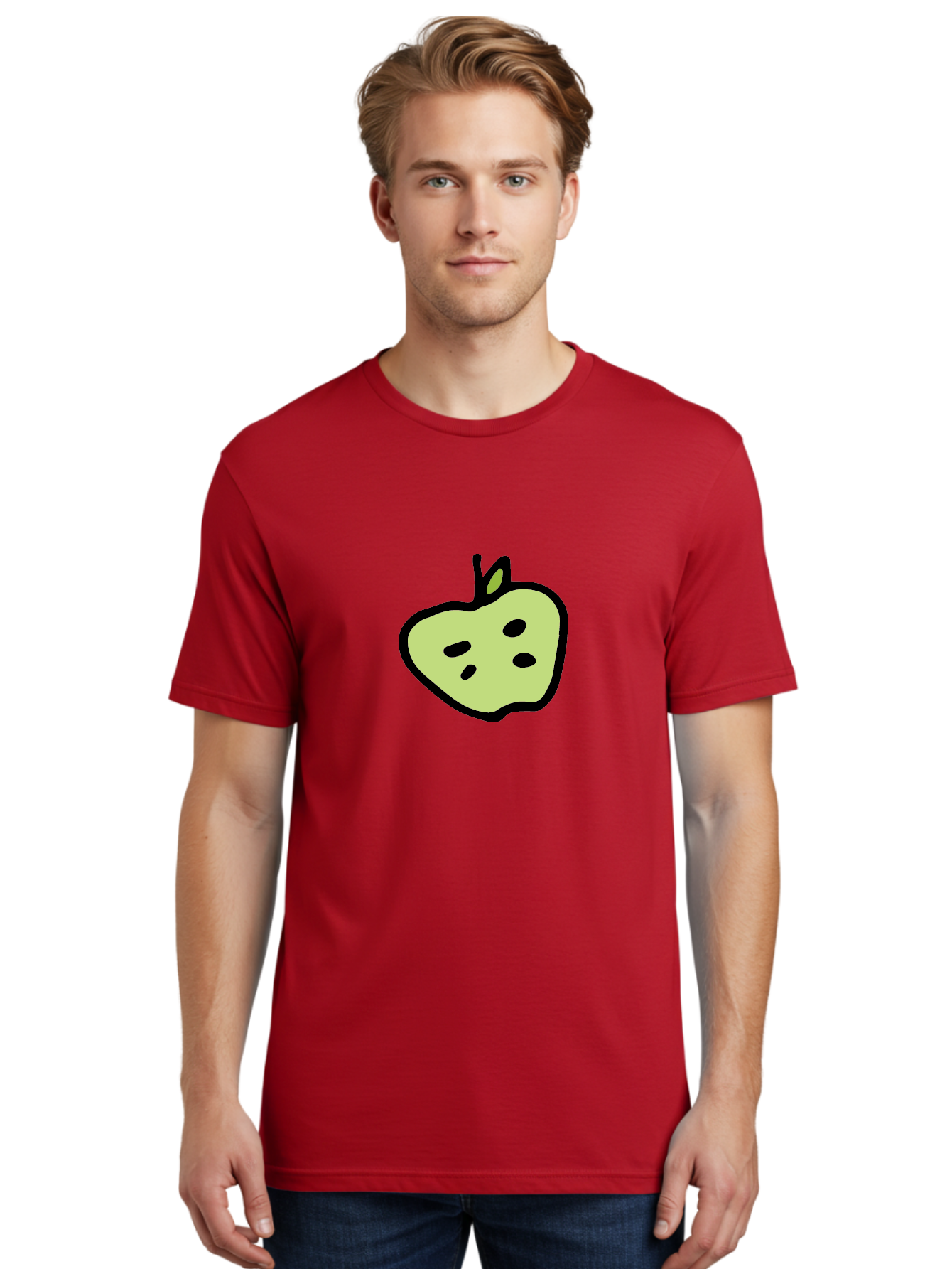 Apple Men'S Graphic Tee, 100% Cotton, Comfortable Casual Summer Wear, Machine Washable, Cartoon Apple, Simple Illustration, Green Apple, Black Outline, Leafy Stem, Seeded Fruit, Digital Art, Cute Design -  Aaa740
