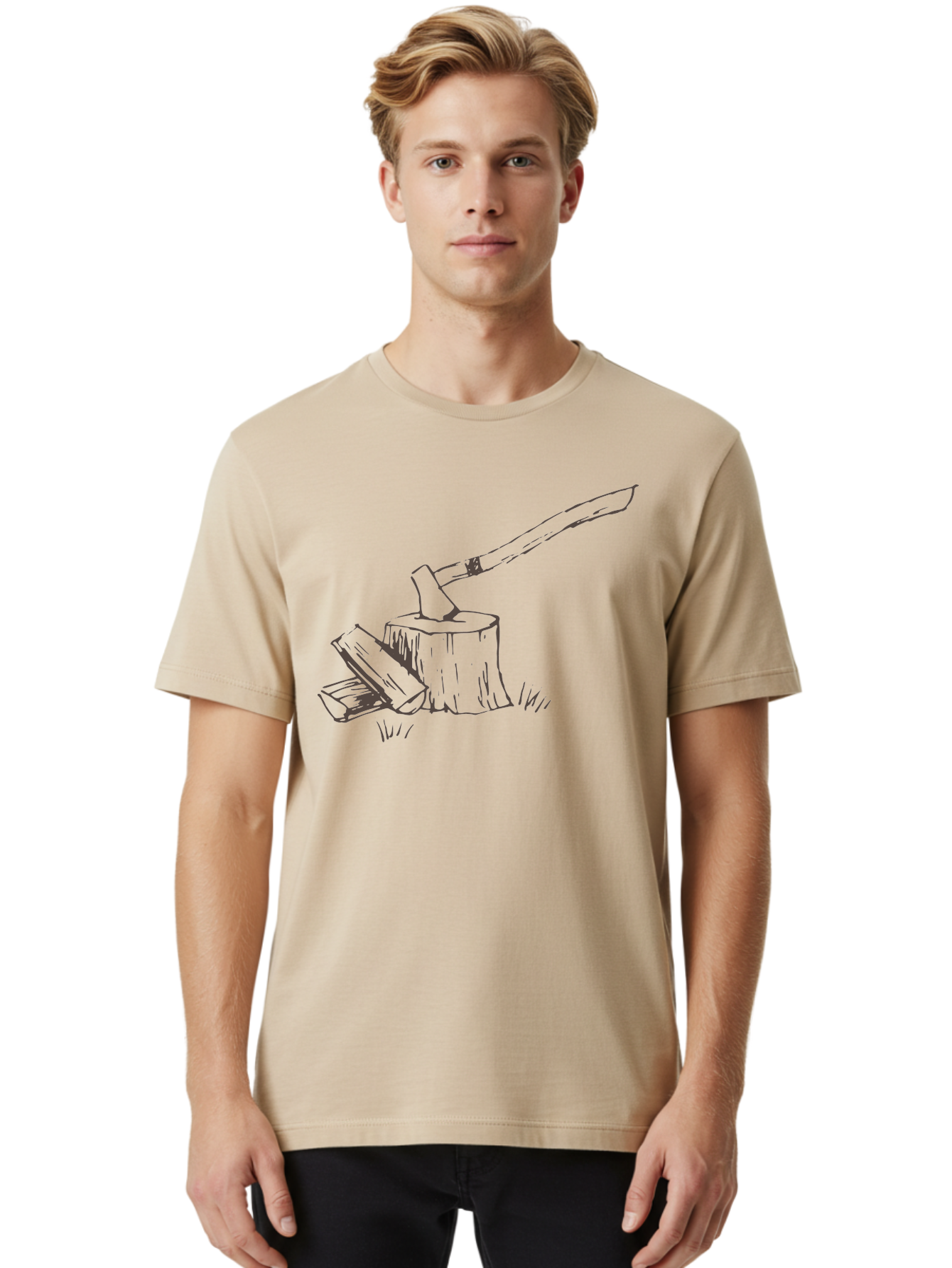 Axe-Chopping-Wood Men'S Graphic Tee, 100% Cotton, Comfortable Casual Summer Wear, Machine Washable, Axe On Chopping Block, Chopping Wood, Log Splitting, Firewood Preparation, Rustic Tools, Outdoor Activity, Axe Handle, Wooden Stump -  Aaa749