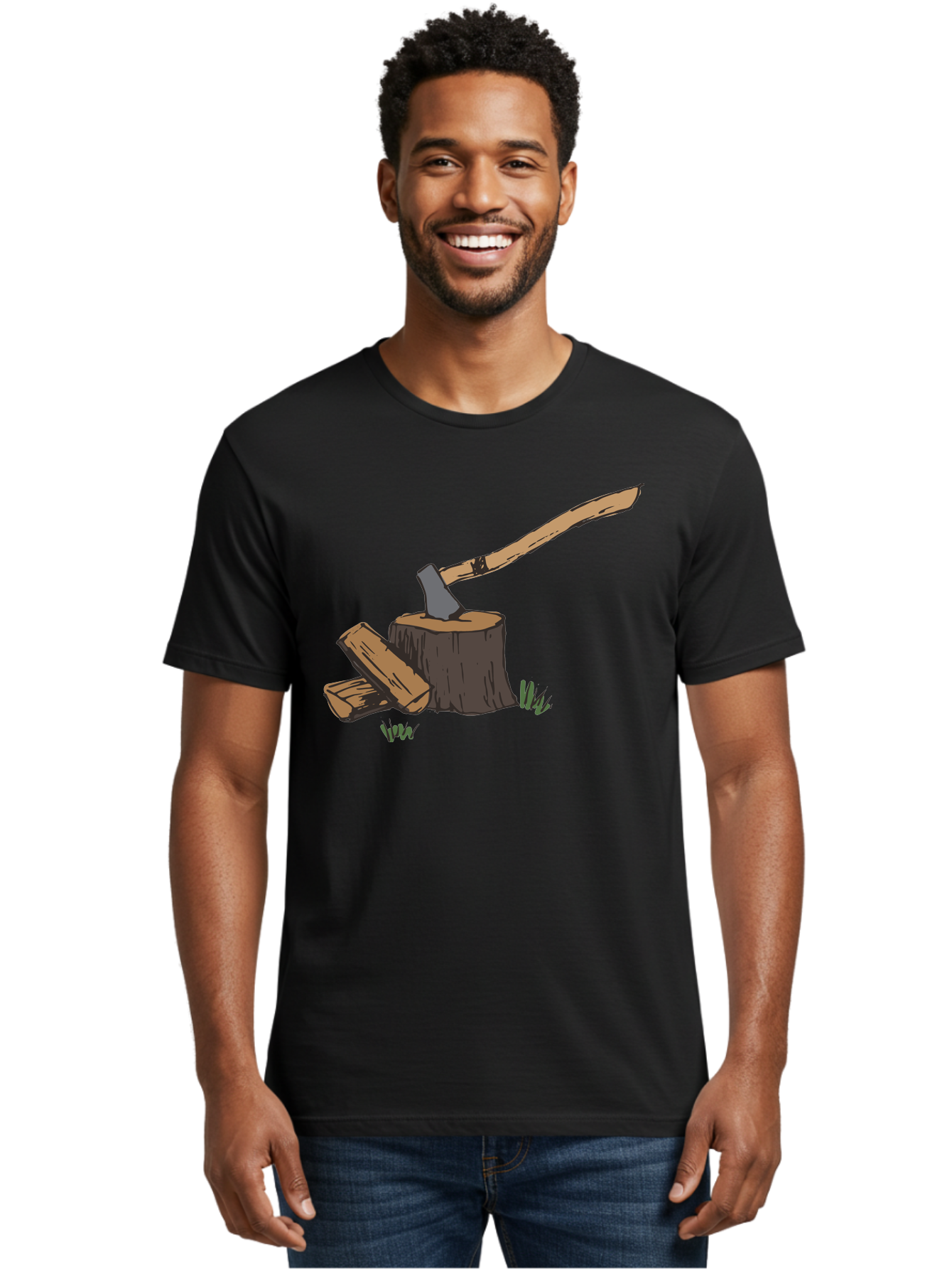 Axe-In-Stump Men'S Graphic Tee, 100% Cotton, Comfortable Casual Summer Wear, Machine Washable, Axe Stuck In Tree Stump, Chopped Wood, Outdoor Activity, Lumberjack Work, Forest Scenery, Wooden Handle, Grassy Surroundings -  Aaa750