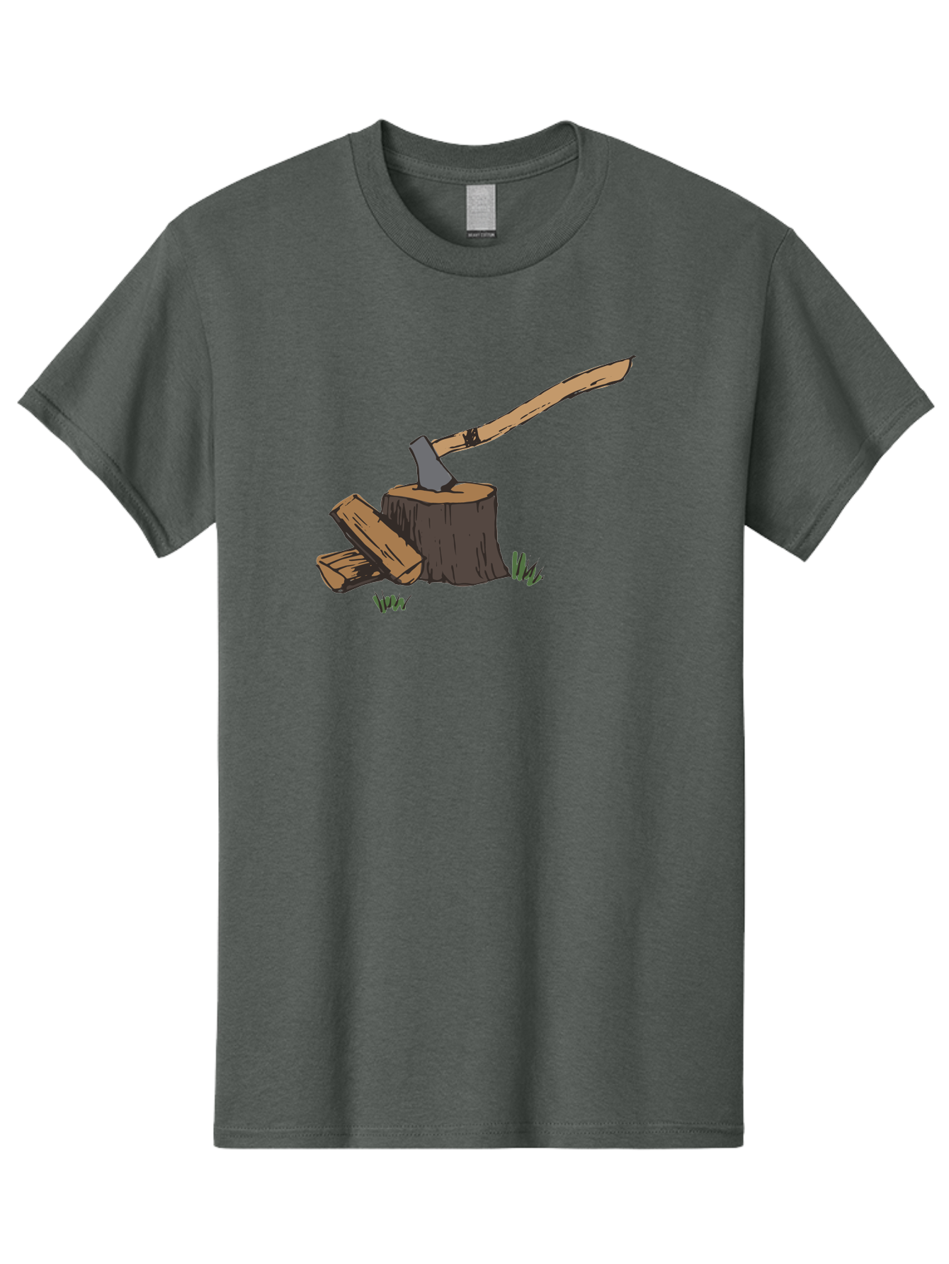 Axe-In-Stump Men'S Graphic Tee, 100% Cotton, Comfortable Casual Summer Wear, Machine Washable, Axe Stuck In Tree Stump, Chopped Wood, Outdoor Activity, Lumberjack Work, Forest Scenery, Wooden Handle, Grassy Surroundings -  Aaa750