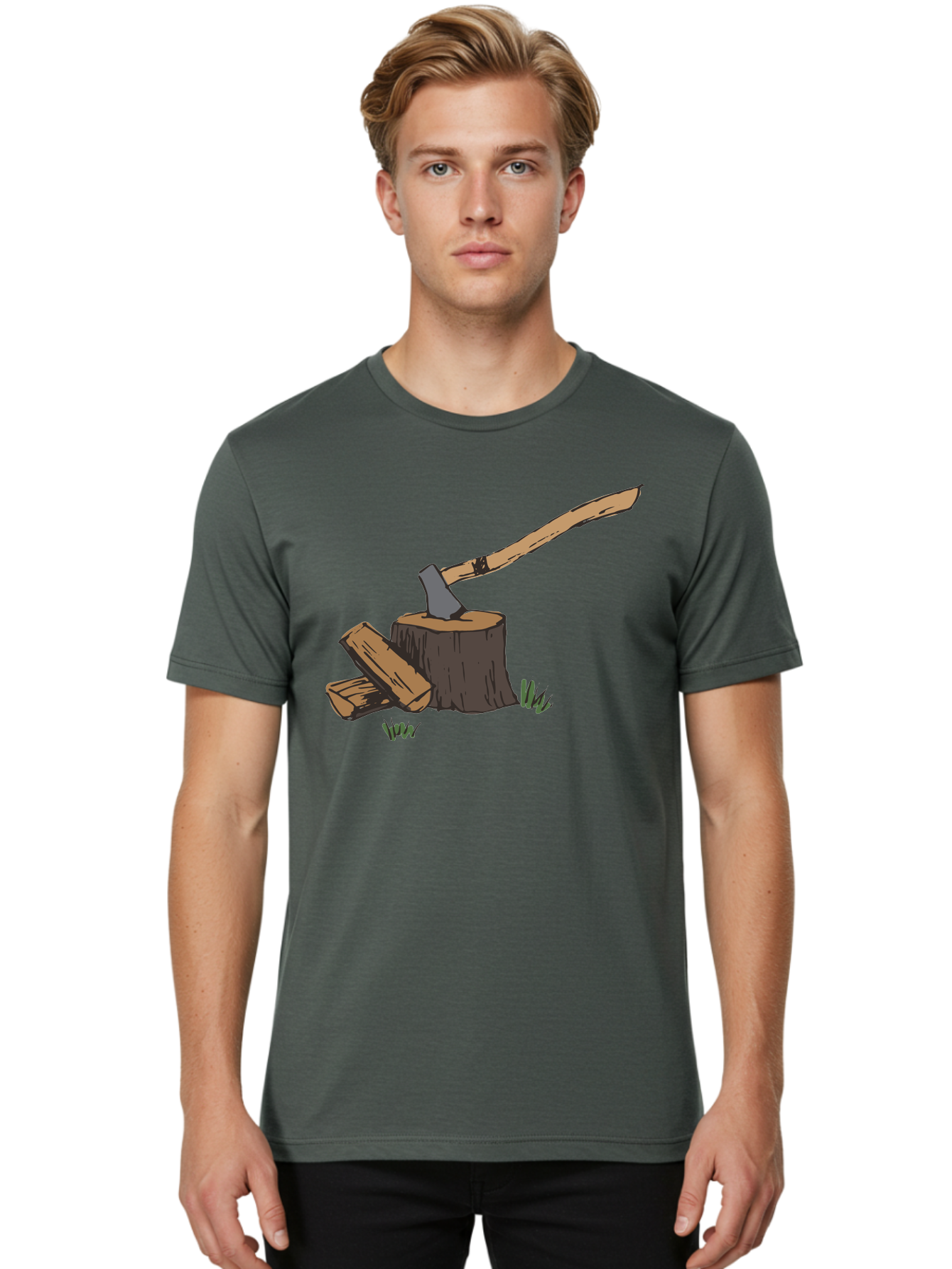 Axe-In-Stump Men'S Graphic Tee, 100% Cotton, Comfortable Casual Summer Wear, Machine Washable, Axe Stuck In Tree Stump, Chopped Wood, Outdoor Activity, Lumberjack Work, Forest Scenery, Wooden Handle, Grassy Surroundings -  Aaa750