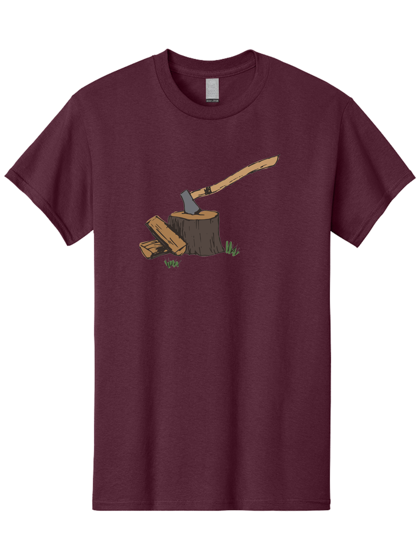 Axe-In-Stump Men'S Graphic Tee, 100% Cotton, Comfortable Casual Summer Wear, Machine Washable, Axe Stuck In Tree Stump, Chopped Wood, Outdoor Activity, Lumberjack Work, Forest Scenery, Wooden Handle, Grassy Surroundings -  Aaa750