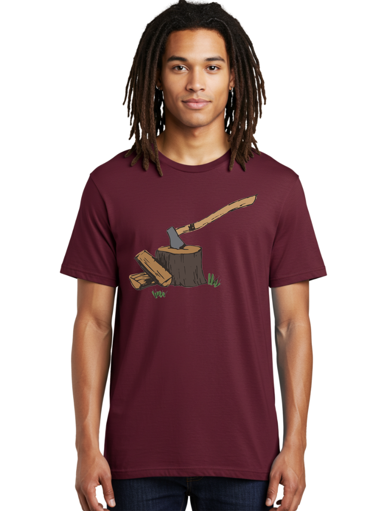 Axe-In-Stump Men'S Graphic Tee, 100% Cotton, Comfortable Casual Summer Wear, Machine Washable, Axe Stuck In Tree Stump, Chopped Wood, Outdoor Activity, Lumberjack Work, Forest Scenery, Wooden Handle, Grassy Surroundings -  Aaa750