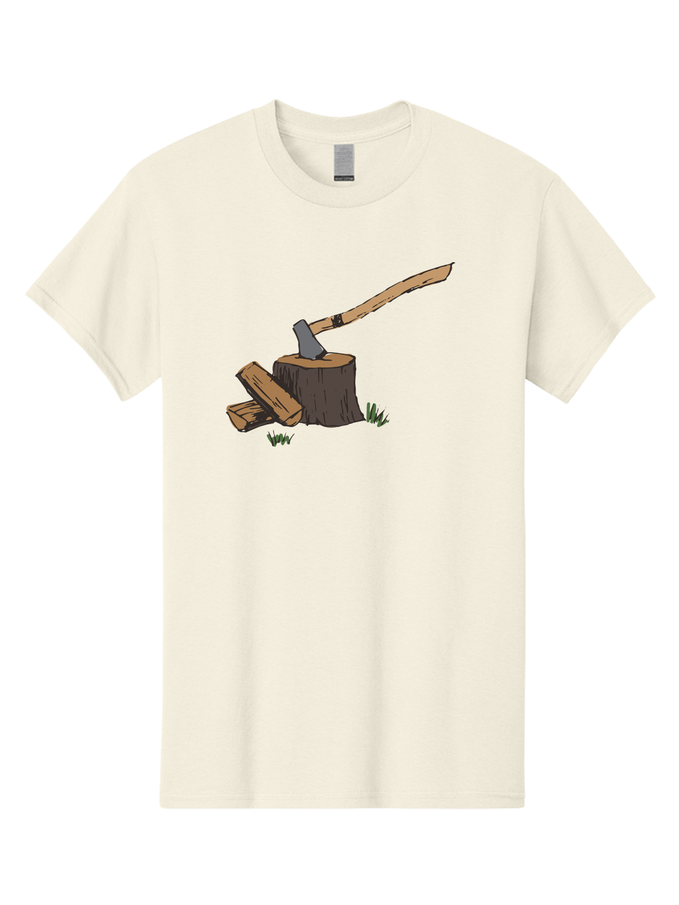 Axe-In-Stump Men'S Graphic Tee, 100% Cotton, Comfortable Casual Summer Wear, Machine Washable, Axe Stuck In Tree Stump, Chopped Wood, Outdoor Activity, Lumberjack Work, Forest Scenery, Wooden Handle, Grassy Surroundings -  Aaa750