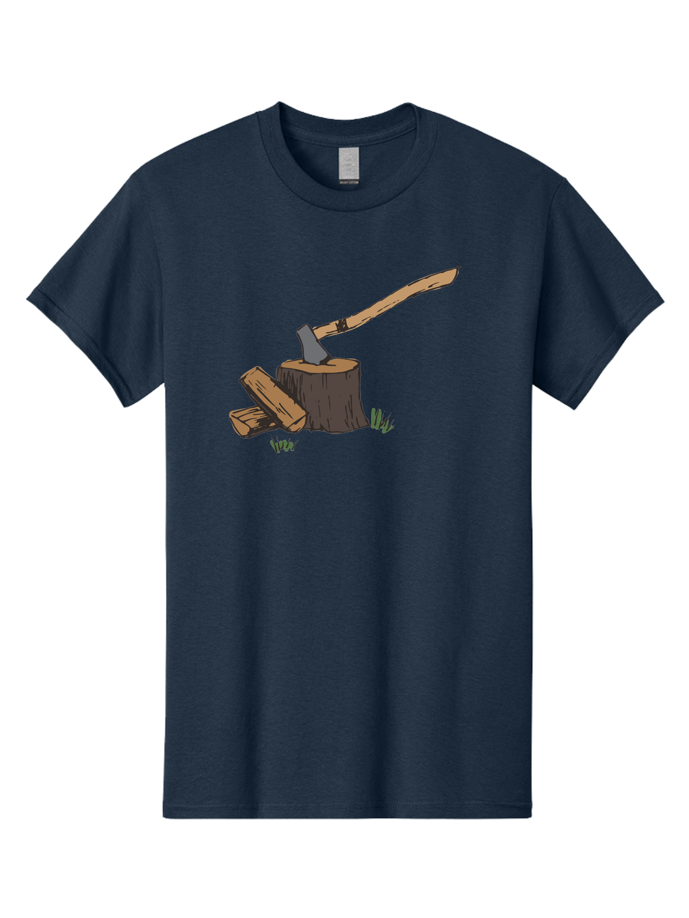 Axe-In-Stump Men'S Graphic Tee, 100% Cotton, Comfortable Casual Summer Wear, Machine Washable, Axe Stuck In Tree Stump, Chopped Wood, Outdoor Activity, Lumberjack Work, Forest Scenery, Wooden Handle, Grassy Surroundings -  Aaa750