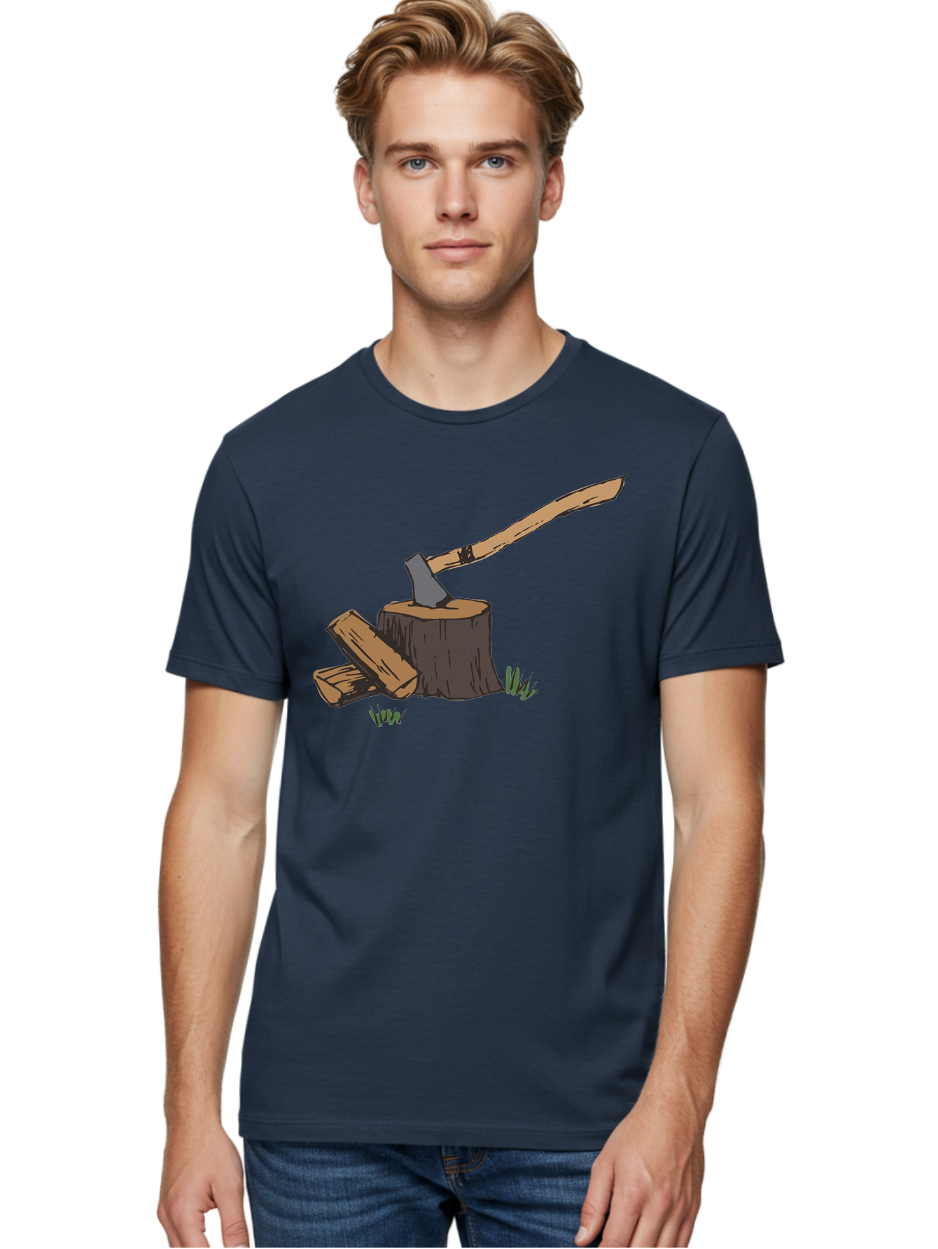 Axe-In-Stump Men'S Graphic Tee, 100% Cotton, Comfortable Casual Summer Wear, Machine Washable, Axe Stuck In Tree Stump, Chopped Wood, Outdoor Activity, Lumberjack Work, Forest Scenery, Wooden Handle, Grassy Surroundings -  Aaa750