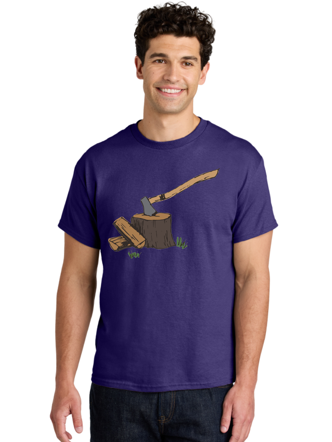 Axe-In-Stump Men'S Graphic Tee, 100% Cotton, Comfortable Casual Summer Wear, Machine Washable, Axe Stuck In Tree Stump, Chopped Wood, Outdoor Activity, Lumberjack Work, Forest Scenery, Wooden Handle, Grassy Surroundings -  Aaa750