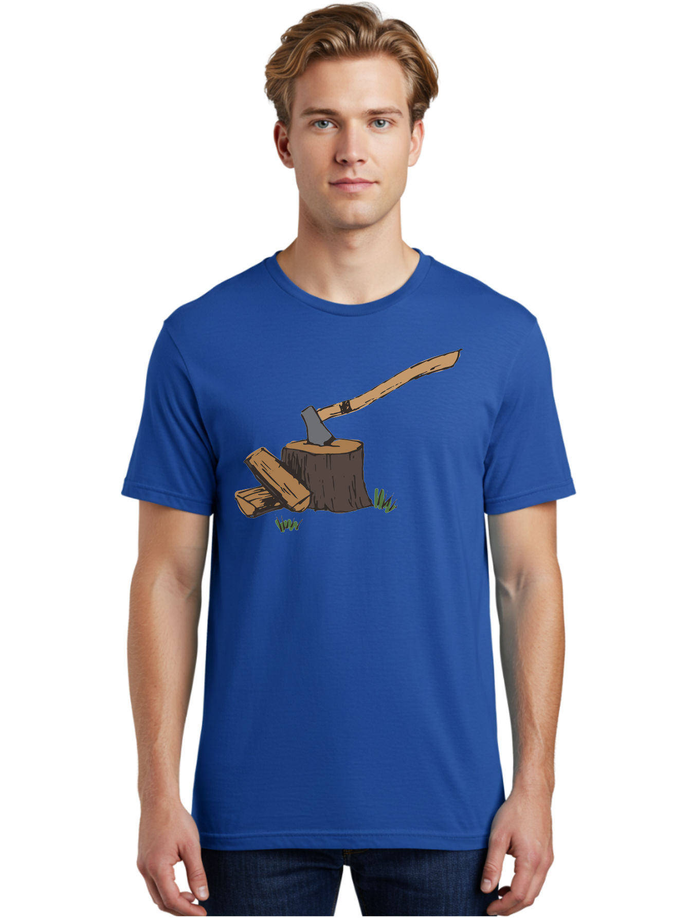 Axe-In-Stump Men'S Graphic Tee, 100% Cotton, Comfortable Casual Summer Wear, Machine Washable, Axe Stuck In Tree Stump, Chopped Wood, Outdoor Activity, Lumberjack Work, Forest Scenery, Wooden Handle, Grassy Surroundings -  Aaa750