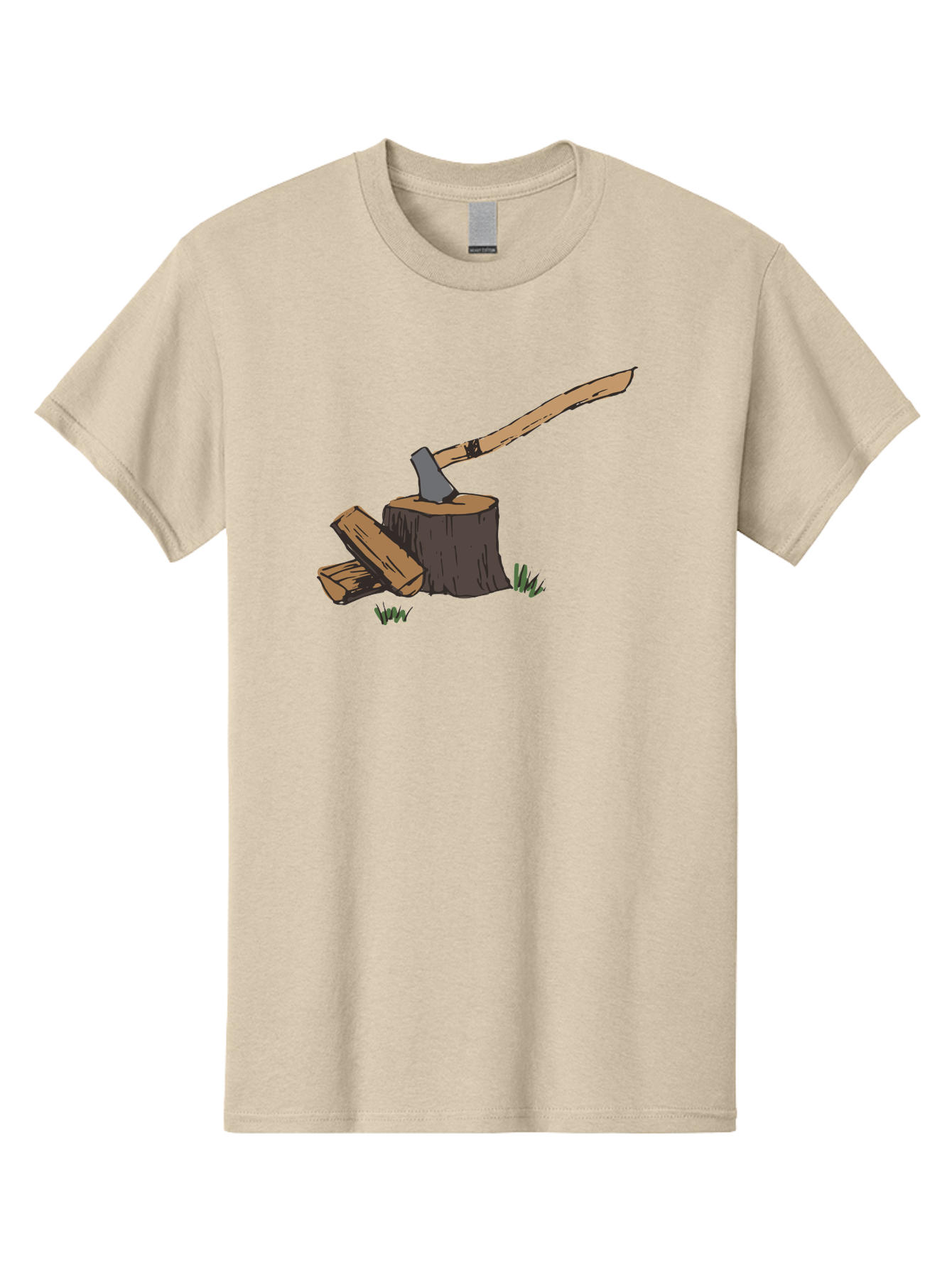 Axe-In-Stump Men'S Graphic Tee, 100% Cotton, Comfortable Casual Summer Wear, Machine Washable, Axe Stuck In Tree Stump, Chopped Wood, Outdoor Activity, Lumberjack Work, Forest Scenery, Wooden Handle, Grassy Surroundings -  Aaa750