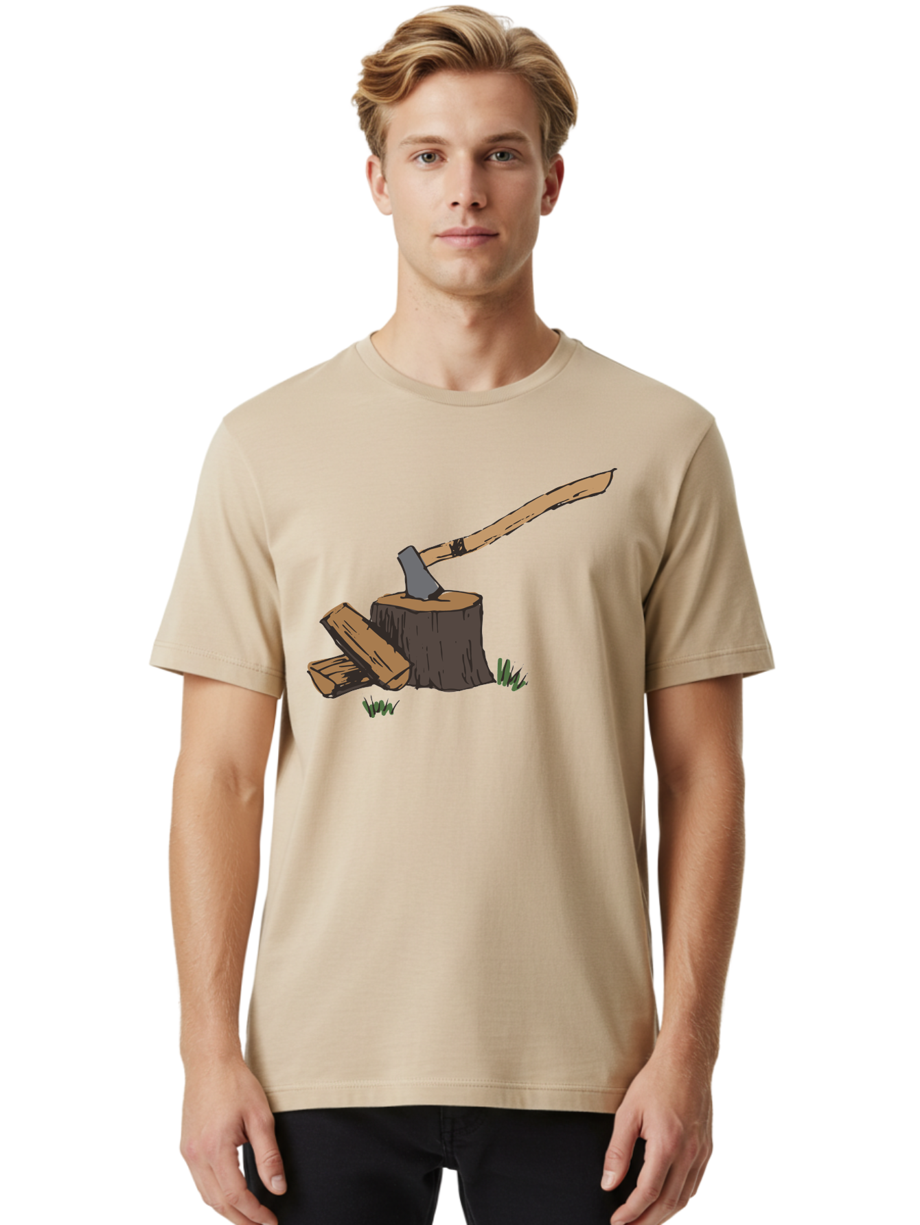 Axe-In-Stump Men'S Graphic Tee, 100% Cotton, Comfortable Casual Summer Wear, Machine Washable, Axe Stuck In Tree Stump, Chopped Wood, Outdoor Activity, Lumberjack Work, Forest Scenery, Wooden Handle, Grassy Surroundings -  Aaa750