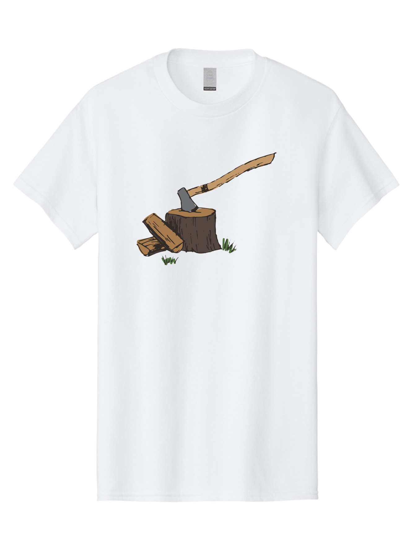 Axe-In-Stump Men'S Graphic Tee, 100% Cotton, Comfortable Casual Summer Wear, Machine Washable, Axe Stuck In Tree Stump, Chopped Wood, Outdoor Activity, Lumberjack Work, Forest Scenery, Wooden Handle, Grassy Surroundings -  Aaa750