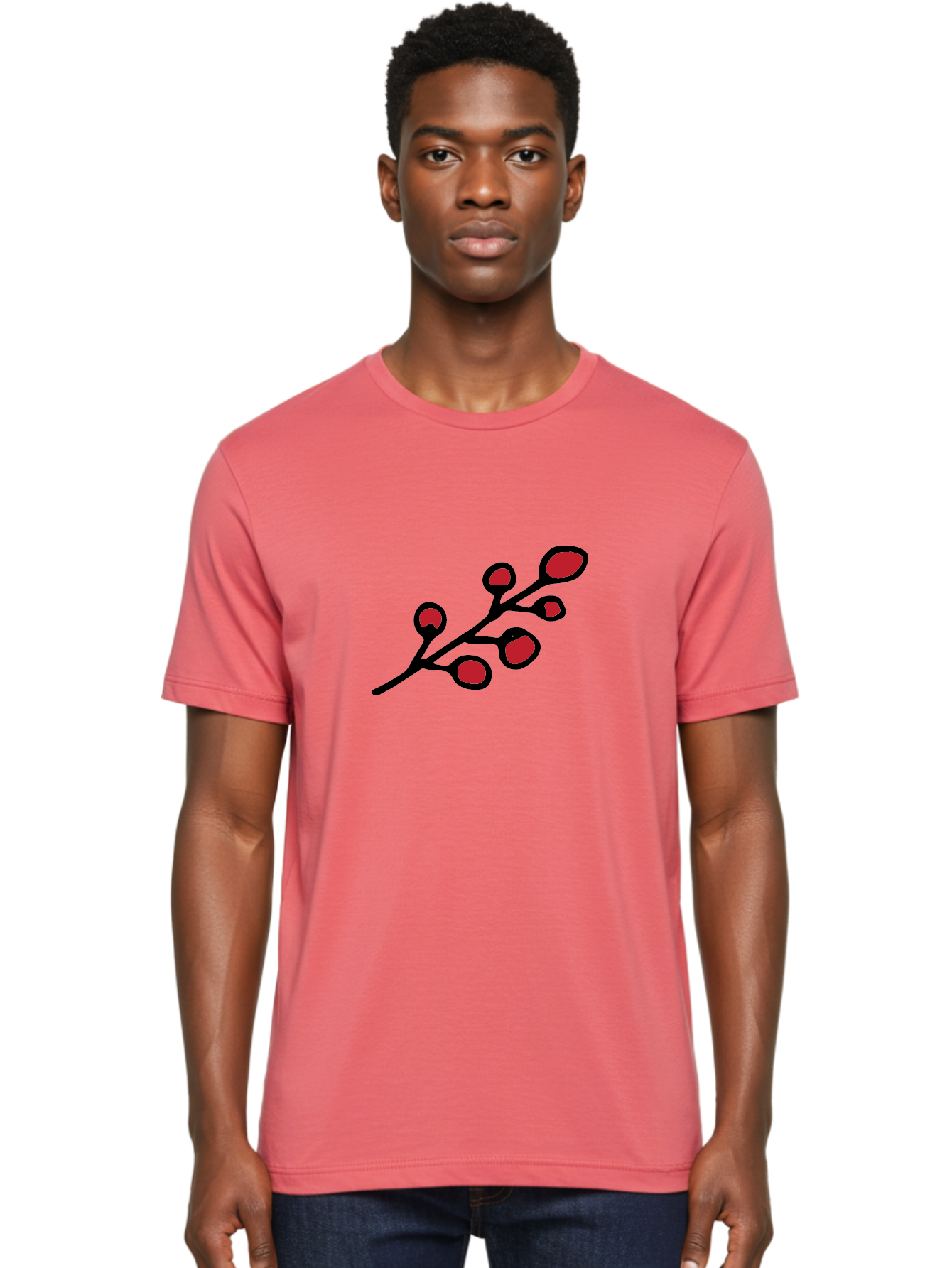 Berries-1 Men'S Graphic Tee, 100% Cotton, Comfortable Casual Summer Wear, Machine Washable, Black Stem, Red Bulbs, Abstract Design, Simple Graphics, Minimalist Art, Bold Colors, Modern Illustration -  Aaa753