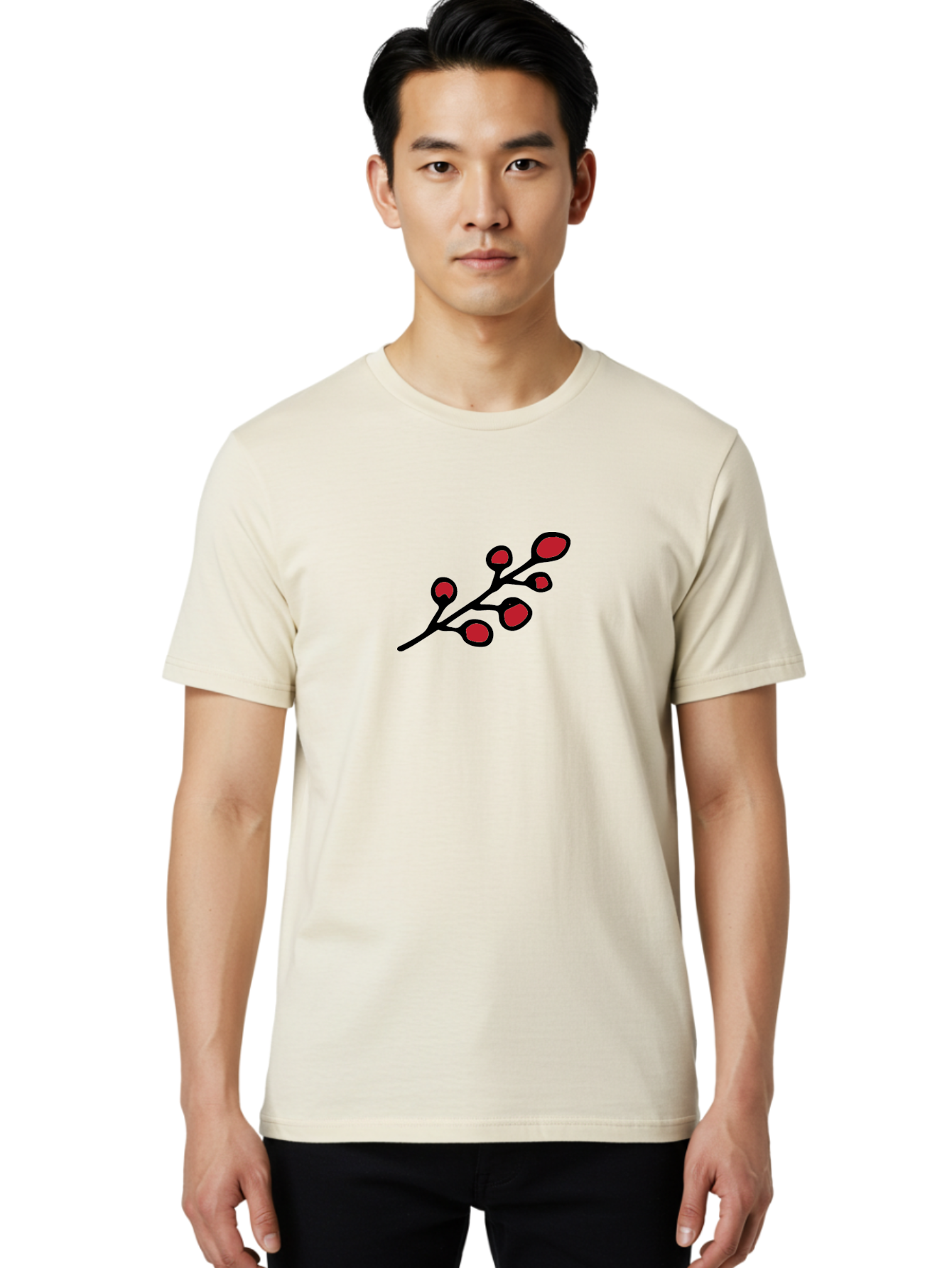 Berries-1 Men'S Graphic Tee, 100% Cotton, Comfortable Casual Summer Wear, Machine Washable, Black Stem, Red Bulbs, Abstract Design, Simple Graphics, Minimalist Art, Bold Colors, Modern Illustration -  Aaa753