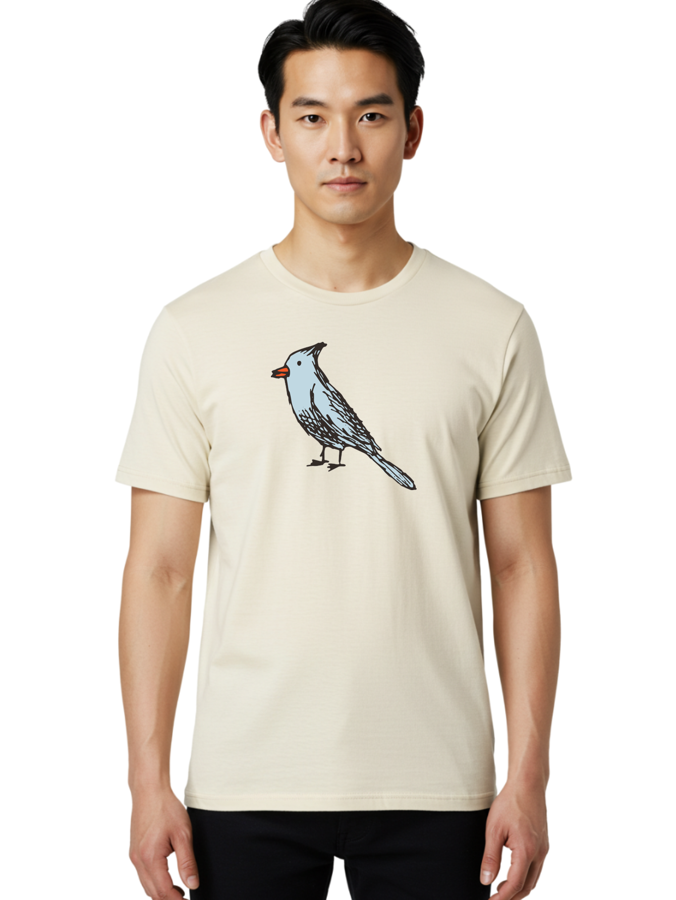 Bird-1 Men'S Graphic Tee, 100% Cotton, Comfortable Casual Summer Wear, Machine Washable, Cartoon Bird, Simple Drawing, White Bird, Black Feathers, Orange Beak, Childish Art, Minimalist Design, Stylized Illustration, Simple Shapes, Cute Bird -  Aaa755