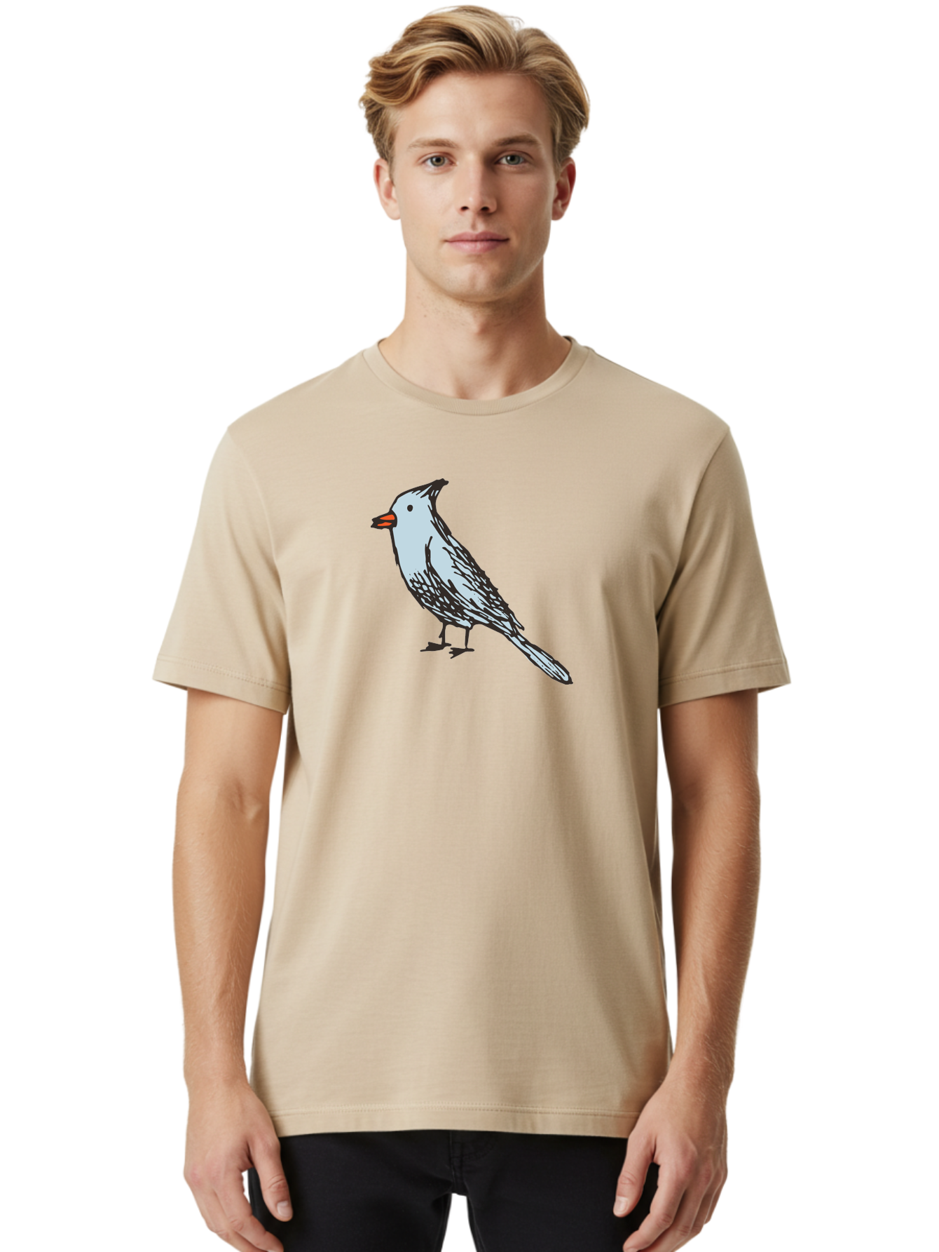 Bird-1 Men'S Graphic Tee, 100% Cotton, Comfortable Casual Summer Wear, Machine Washable, Cartoon Bird, Simple Drawing, White Bird, Black Feathers, Orange Beak, Childish Art, Minimalist Design, Stylized Illustration, Simple Shapes, Cute Bird -  Aaa755