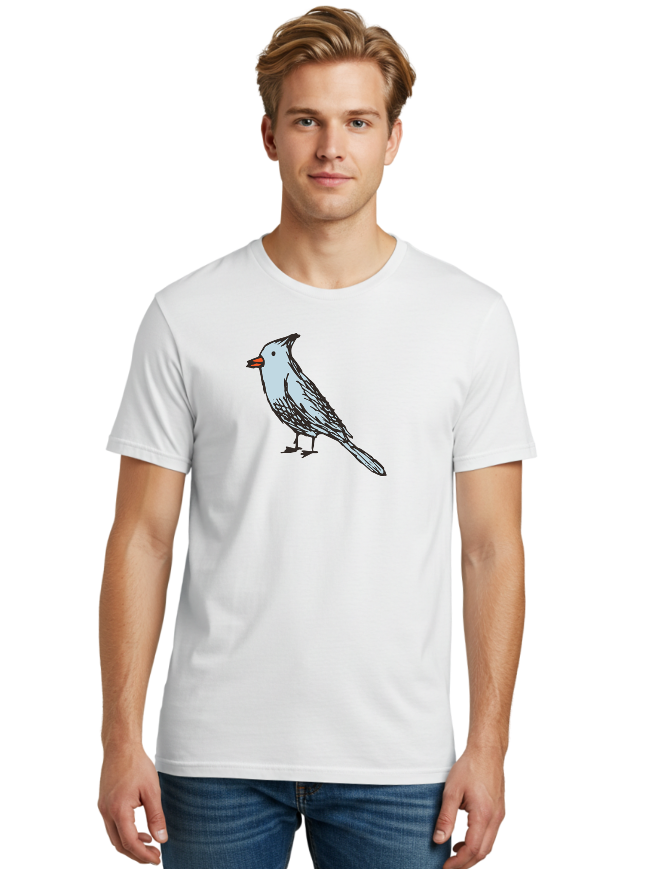 Bird-1 Men'S Graphic Tee, 100% Cotton, Comfortable Casual Summer Wear, Machine Washable, Cartoon Bird, Simple Drawing, White Bird, Black Feathers, Orange Beak, Childish Art, Minimalist Design, Stylized Illustration, Simple Shapes, Cute Bird -  Aaa755
