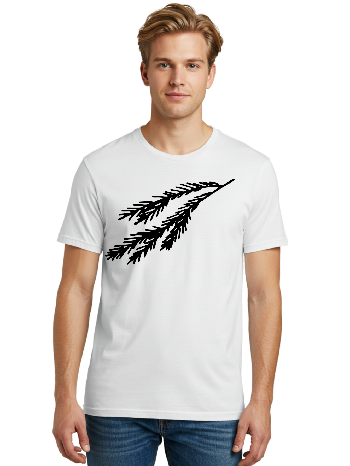 Black-Branches Men'S Graphic Tee, 100% Cotton, Comfortable Casual Summer Wear, Machine Washable, Fir Branch Silhouette, Black Fir Branch, Simple Design, Minimalist Art, Evergreen Branch, Botanical Illustration, Graphic Design Element -  Aaa759