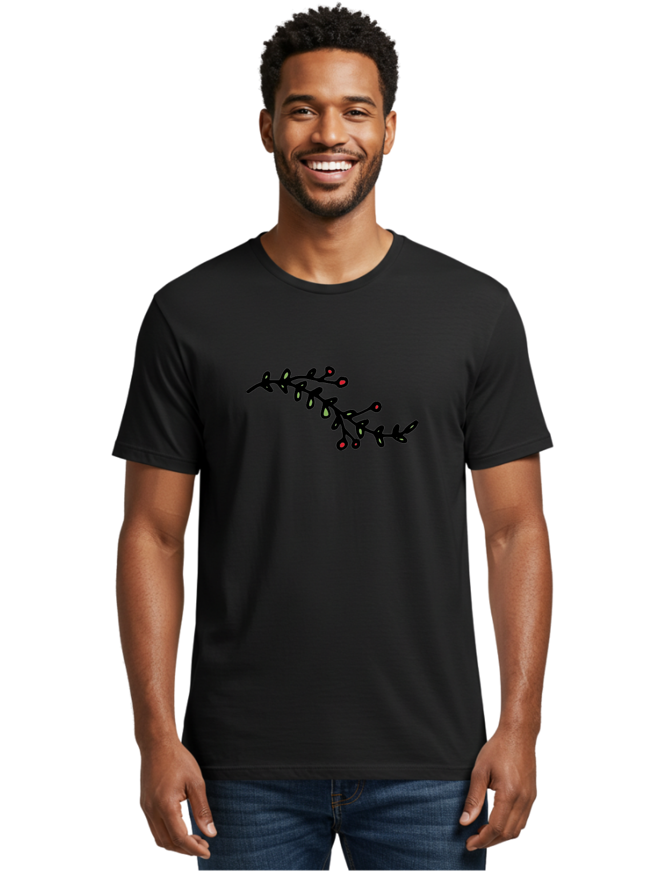Black-Stem-With-Red-Berries Men'S Graphic Tee, 100% Cotton, Comfortable Casual Summer Wear, Machine Washable, Black Stem, Winter Berries, Red Berries, Minimalist Design, Simple Artwork, Abstract Illustration, Botanical Elements, -  Aaa763