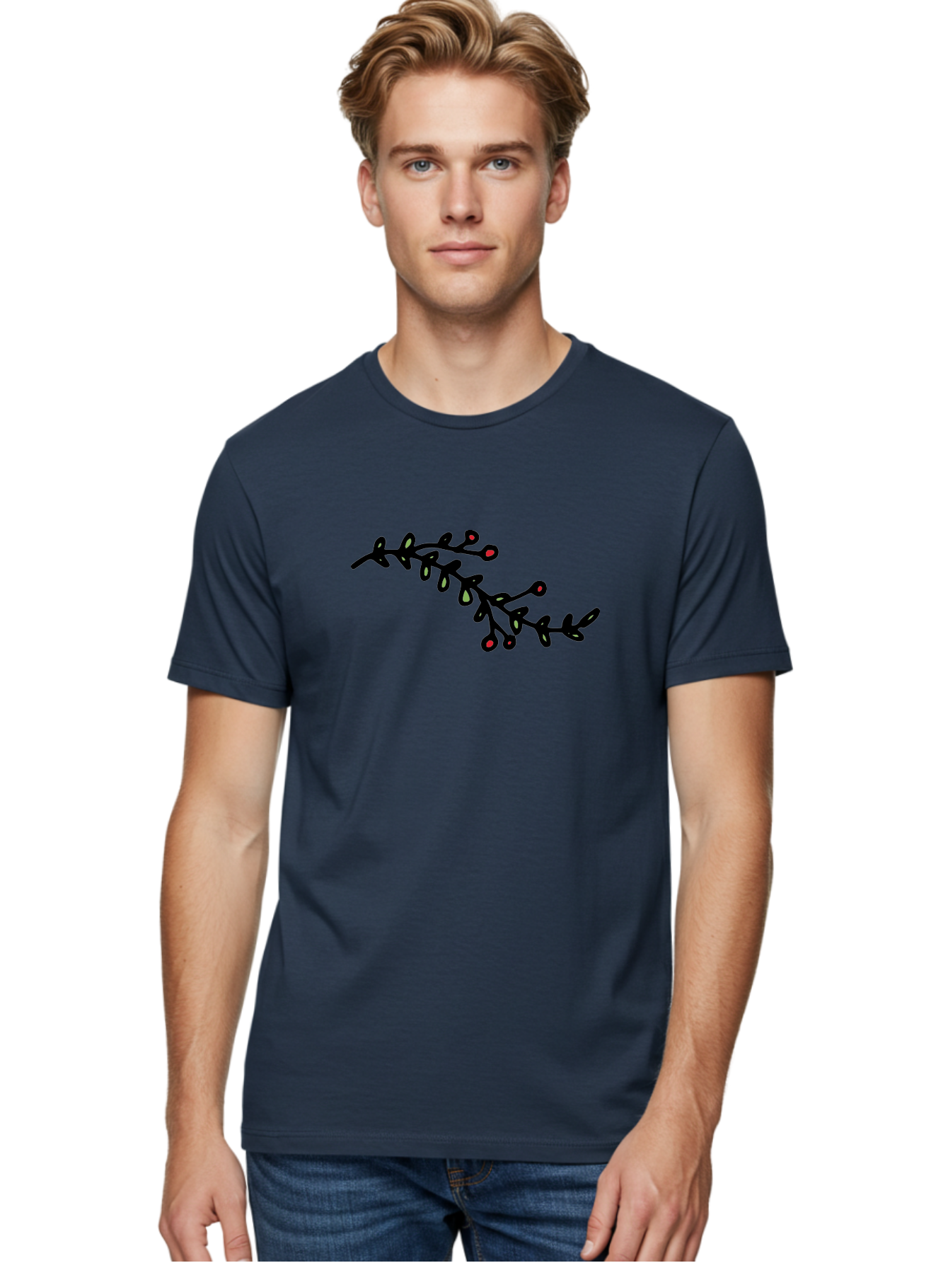 Black-Stem-With-Red-Berries Men'S Graphic Tee, 100% Cotton, Comfortable Casual Summer Wear, Machine Washable, Black Stem, Winter Berries, Red Berries, Minimalist Design, Simple Artwork, Abstract Illustration, Botanical Elements, -  Aaa763