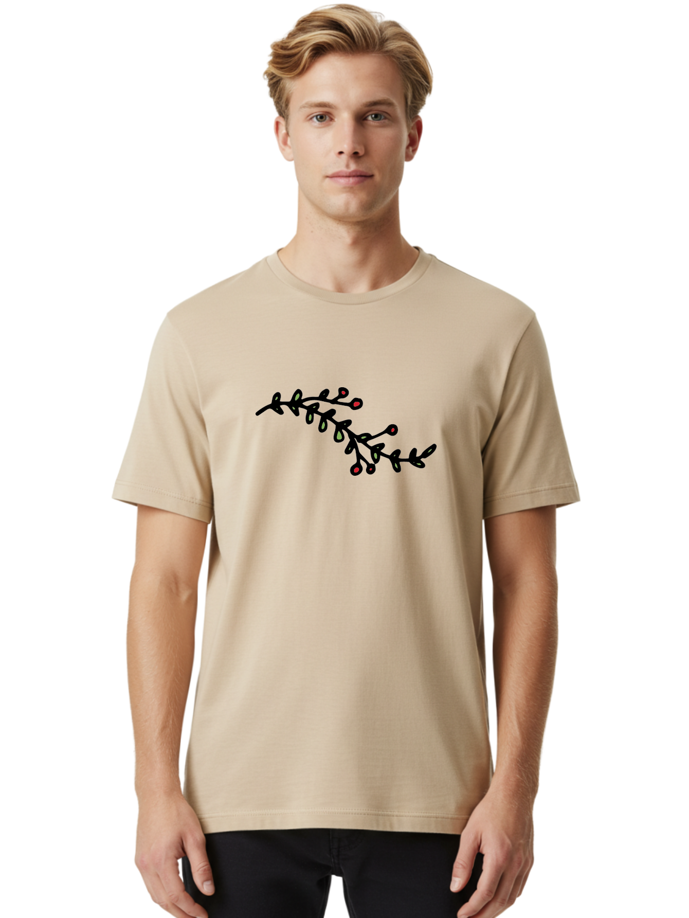 Black-Stem-With-Red-Berries Men'S Graphic Tee, 100% Cotton, Comfortable Casual Summer Wear, Machine Washable, Black Stem, Winter Berries, Red Berries, Minimalist Design, Simple Artwork, Abstract Illustration, Botanical Elements, -  Aaa763